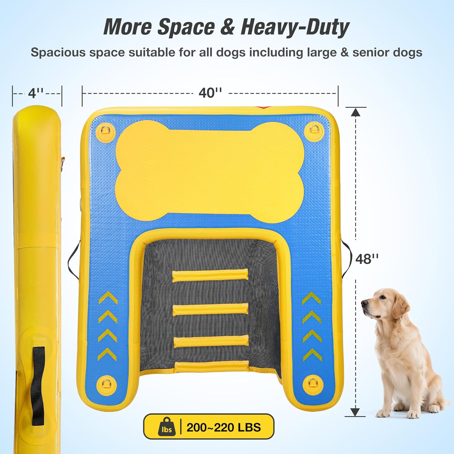 WARMOUNTS Inflatable Dog Water Ramp, Floating Dock Platform for Big Dogs (Up to 220 LBs) with Ladder, Ropes, Non-Slip Pad, High Visibility Dogs Safety Ramp for Pool, River, Boat