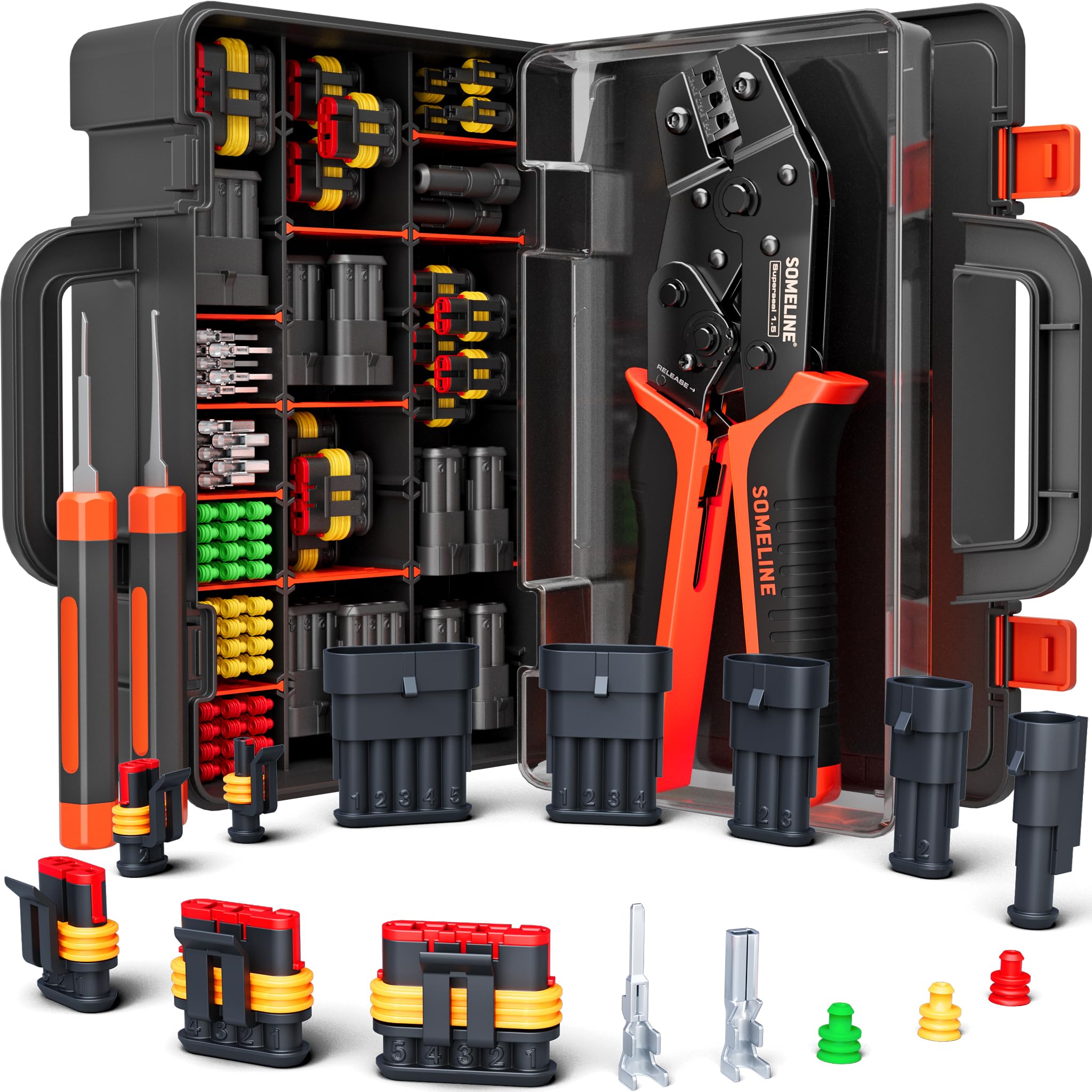 SOMELINE Waterproof Automotive Connector Crimping Tool Kit, 1/2/3/4/5 Pin Waterproof Wire Connectors, with 22-14 AWG Ratchet Crimping Tool and