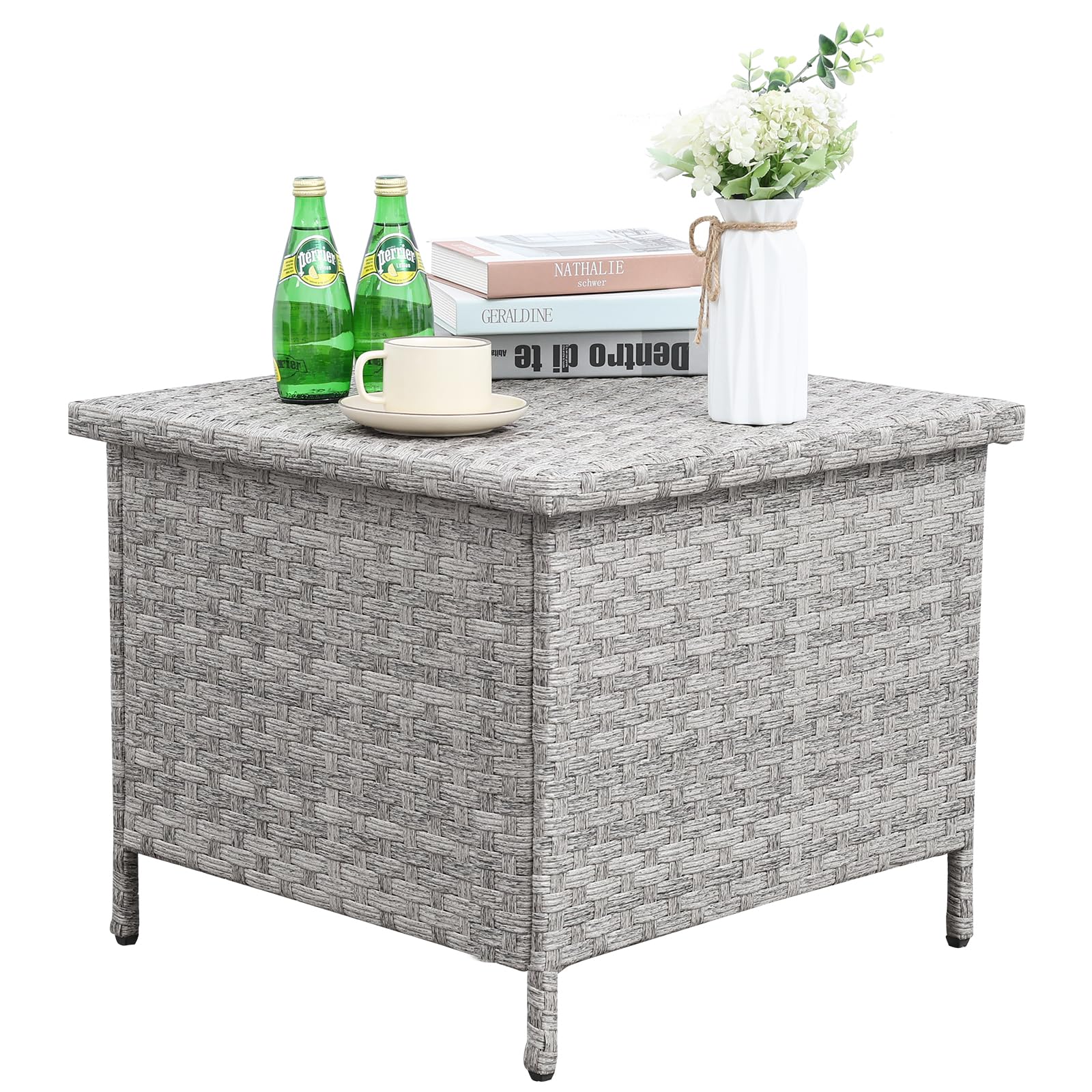 Outdoor PE Wicker Side Table with Storage Patio End Table Resin Rattan Storage Table for Garden Backyard Porch Poolside, Grey