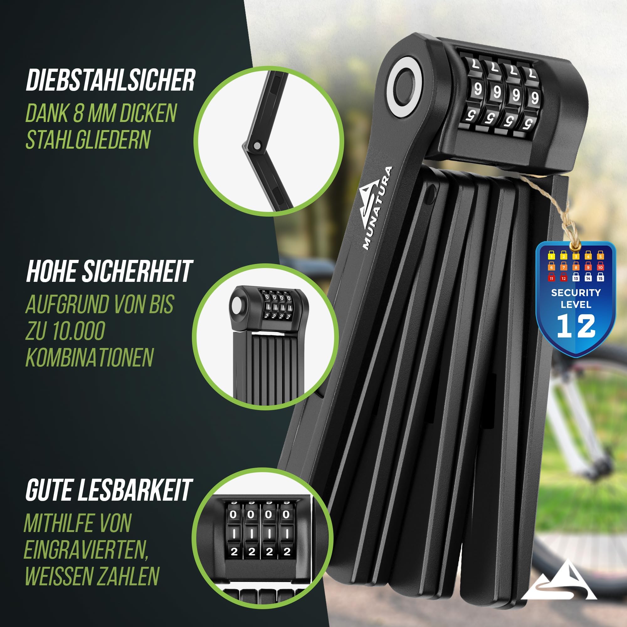 MUNATURA Faltschloss Fahrrad Diebstahlsicher [120cm] - Fahrradschloss hohe Sicherheit mit Halterung - Radschloss Zahlenschloss, Fahrrad schloss Faltschloss, bike lock, ebike
