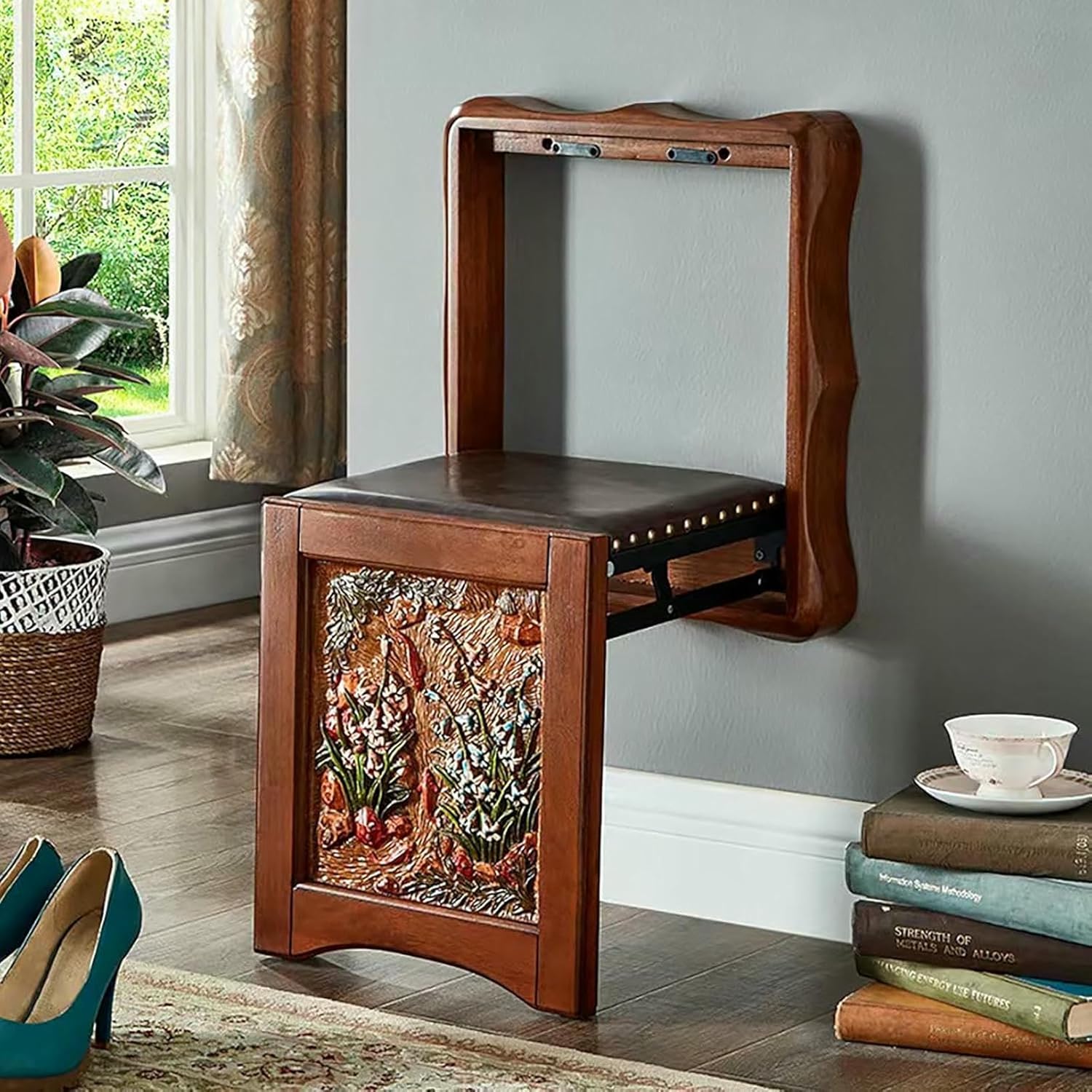 Folding Stool Chair for Entryway Invisible Shoe-Changing Stool, Made of Solid Wood Wall Seat Folding, for Entryway Bathroom Hallway