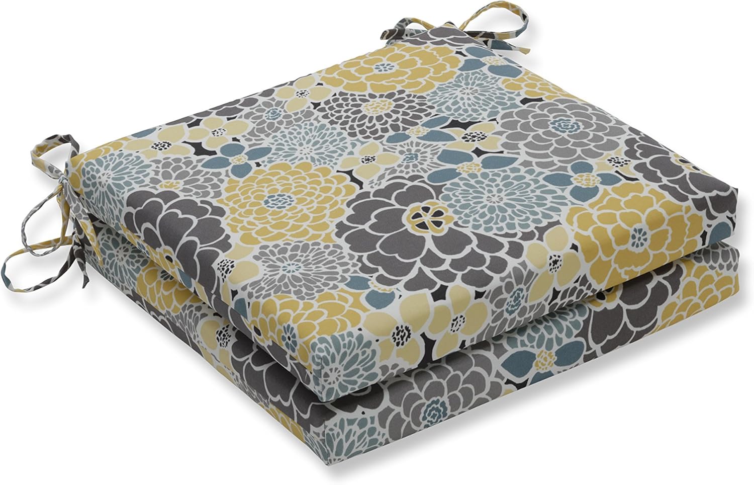 Pillow Perfect Bright Floral Indoor/Outdoor Square Corner Chair Seat Cushion with Ties, Plush Fiber Fill, Weather, and Fade Resistant, 20" x 20", Blue/Tan Lois, 2 Count Blue/Tan Lois 20" x 20"