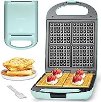 Vista 1 de Baker’s Friend Belgian Waffle Maker, Square Waffle Iron, Waflera Electrica, Non Stick Cooking Plate, Classic & Multi Waffle Makers, 4-Slice, Aqua
