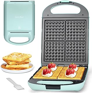 Baker’s Friend Belgian Waffle Maker, Square Waffle Iron, Waflera Electrica, Non Stick Cooking Plate, Classic & Multi Waffle Makers, 4-Slice, Aqua