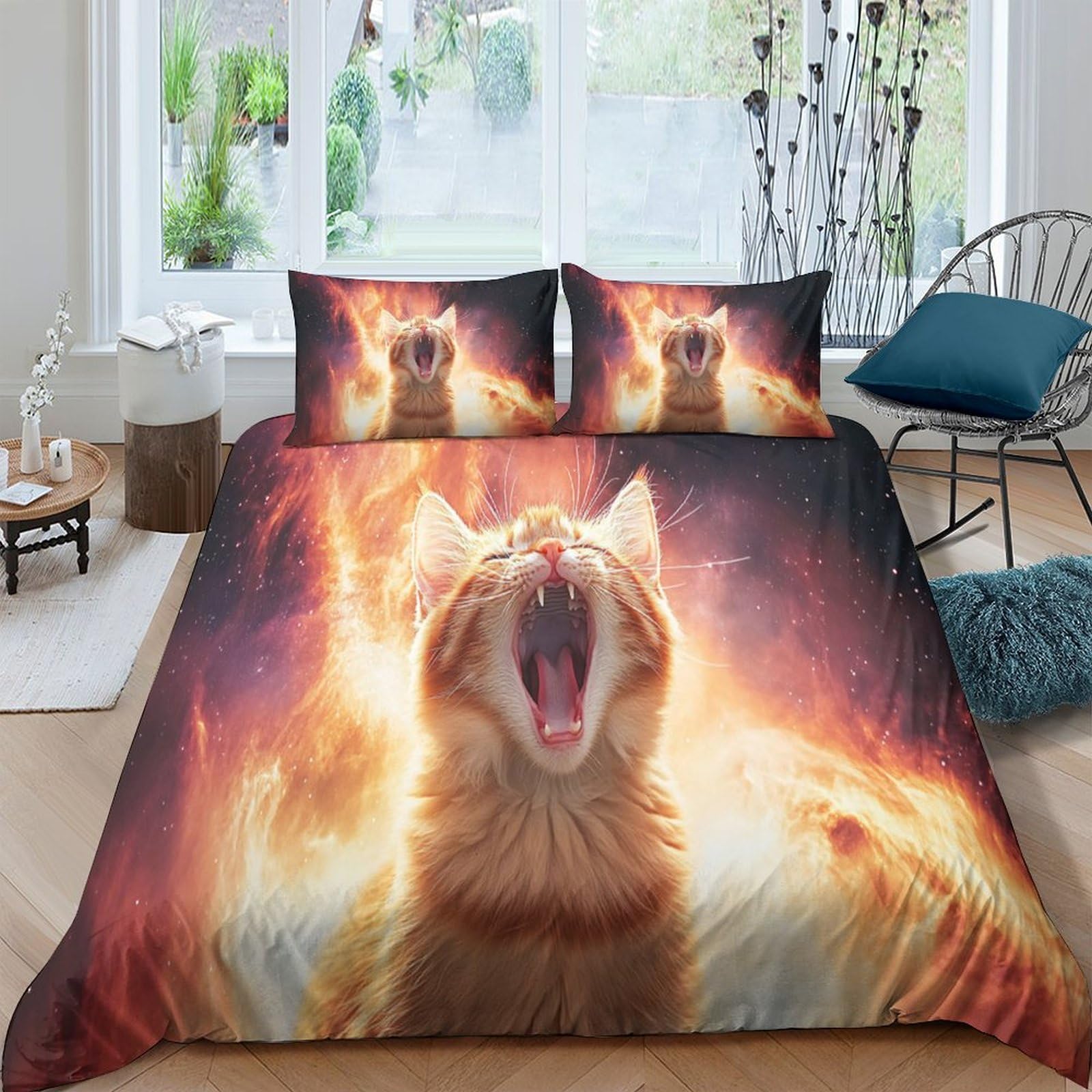 Ctjqhvkz Style-5 3D Printed Fiery Cat Fitted Sheet Microfiber Soft Breathable Wild Animal Bed Cover For Bedroom Dorm Mattress Protection Decor Single（135X200cm）