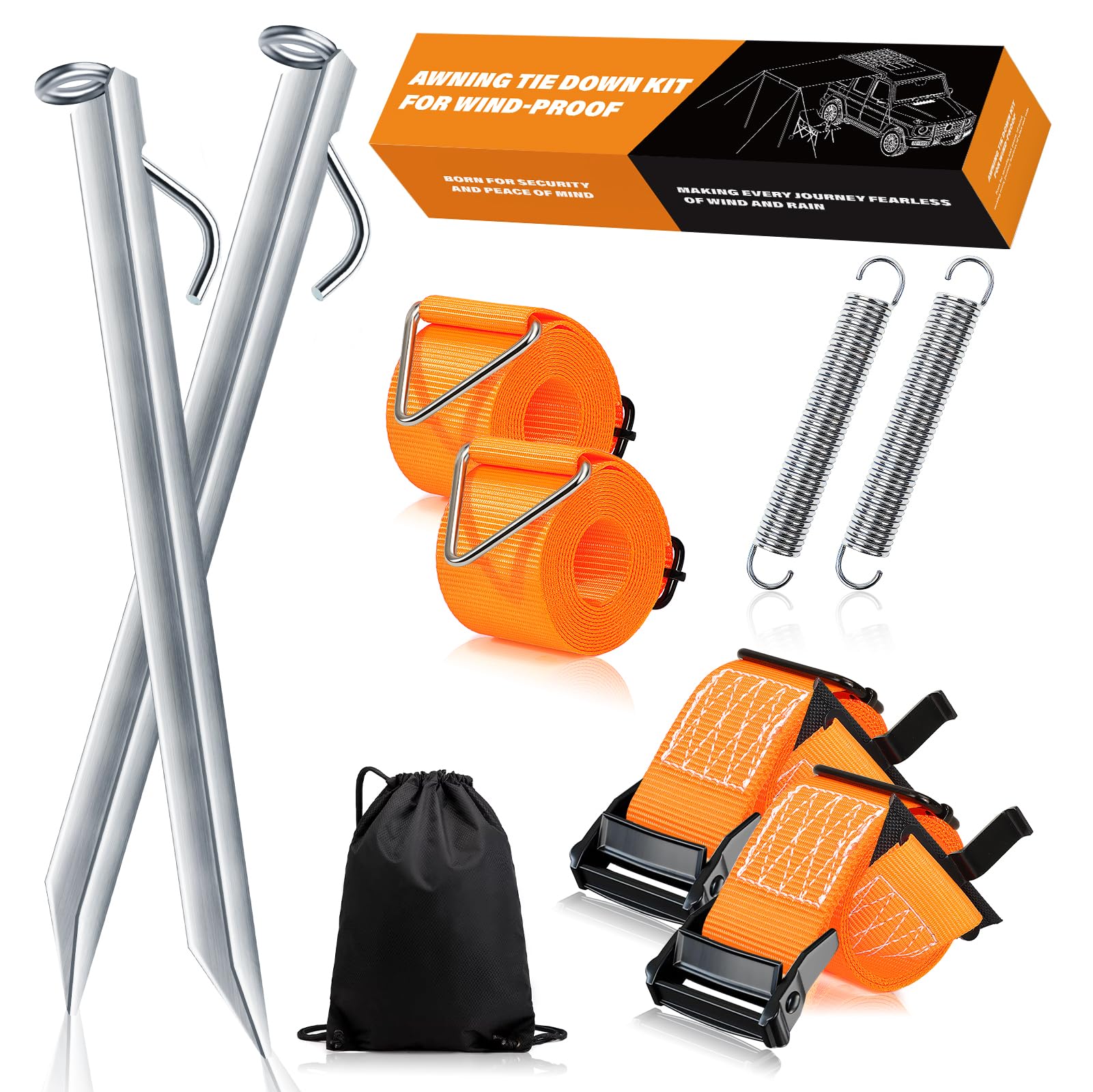 Sturmband für Vorzelt & Markise – 5cm Breites Gurtband, 38cm Erdanker Sturmsicherung vorzelt, Sturmbänder für Markisen, Abspanngurte Markise Wohnmobil, Abspannseile camping mit S-Haken und T-Verbinder