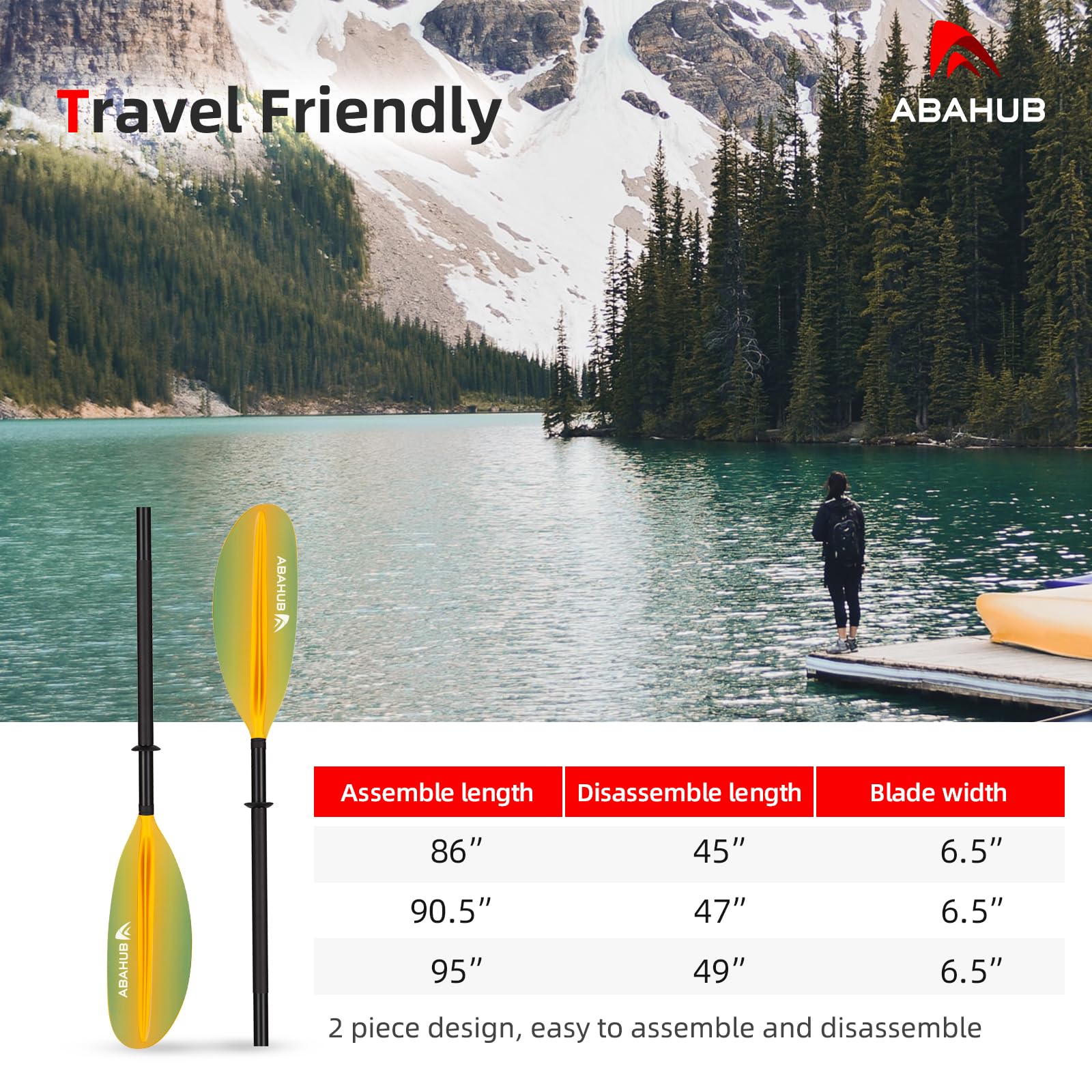 Abahub 218/230/241cm Pagaie Kayak Rame Double Paddle Aluminium avec Paddleline pour Kayak Aviron Bateau Canoë,Tige en Alliage d’Aluminium, Lames en Plastique Noir/Blanc/Rouge/Bleu/Vert/Orange/Jaune