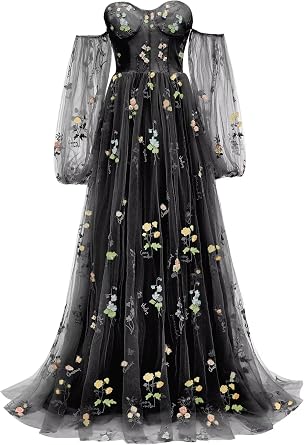 Prom Dresses for Women 2024 Puffy Sleeve Flower Embroidery Tulle Formal Gowns Homecoming Dresses