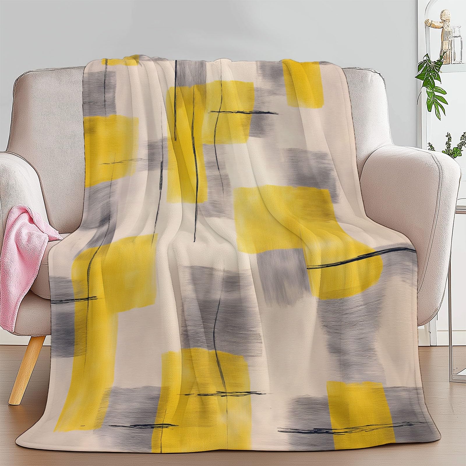 Genérico Manta de Franela de Forro Polar para Niños y Adultos 220 x 240 cm, Mantas para Sofa Estampado Modernismo Líneas Abstracto - Manta Amarillo Suave Cálida Transpirable Ligera