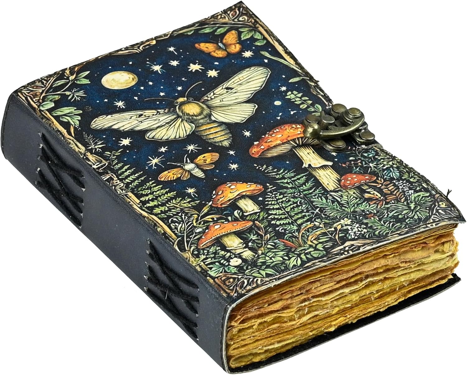 Urooj Handicraft Grimoire Vintage Mushroom leather journal, Handmade Antique Deckle Edge Paper Spell Book of Shadows Sketchbook Gifts