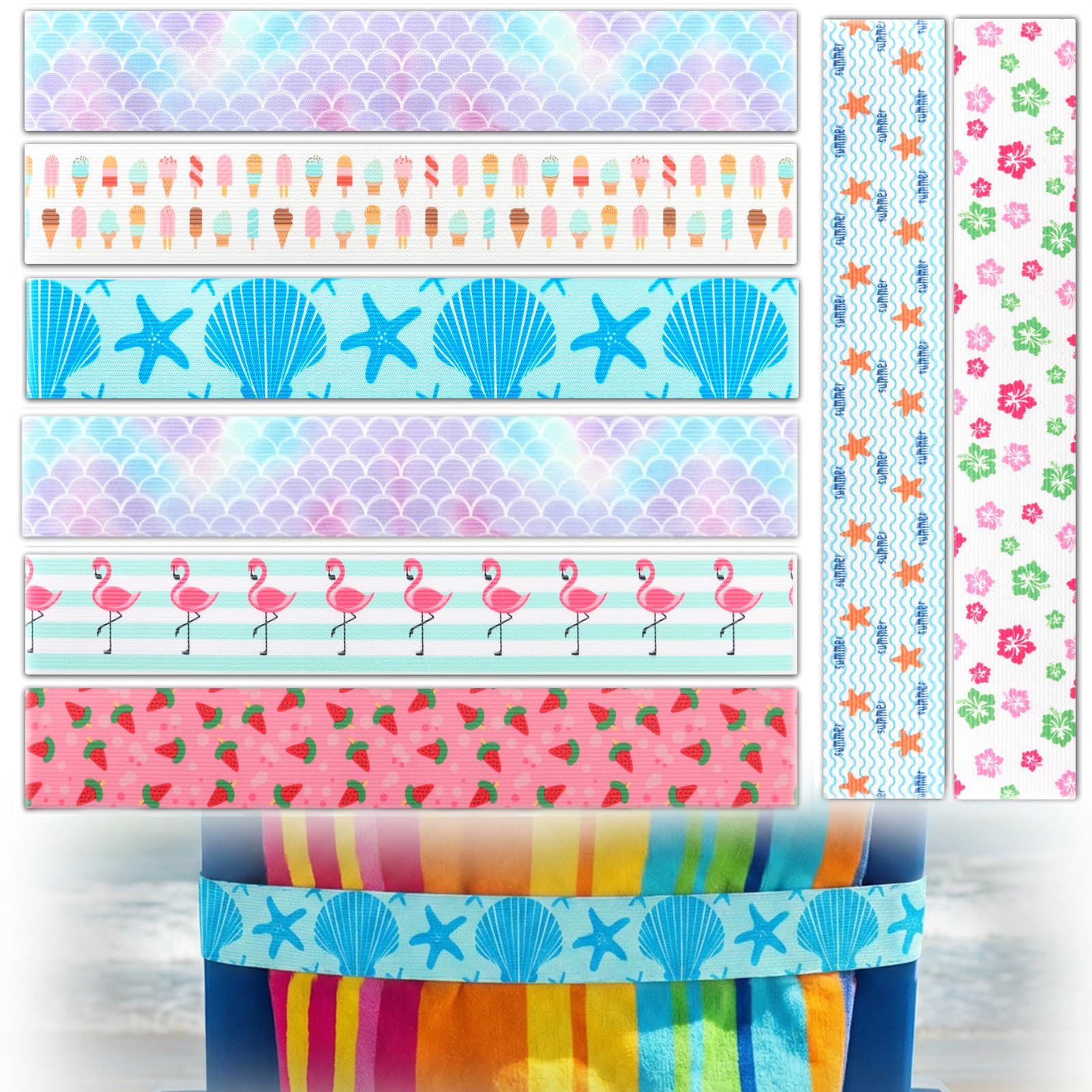8Pcs Beach Towel Bands for Sun Loungers,Widen Elastic Sunbed Straps for Beach Towels,30x4.5cm Non-Slip Windproof Sunbed Bands,Heavy-Duty Pool Chair Holders,Portable Cruise Essentials Accessories