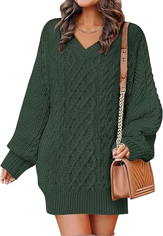 ANRABESS Women Sweater Dress Oversized V Neck Cable Knit Fall Long Sleeve