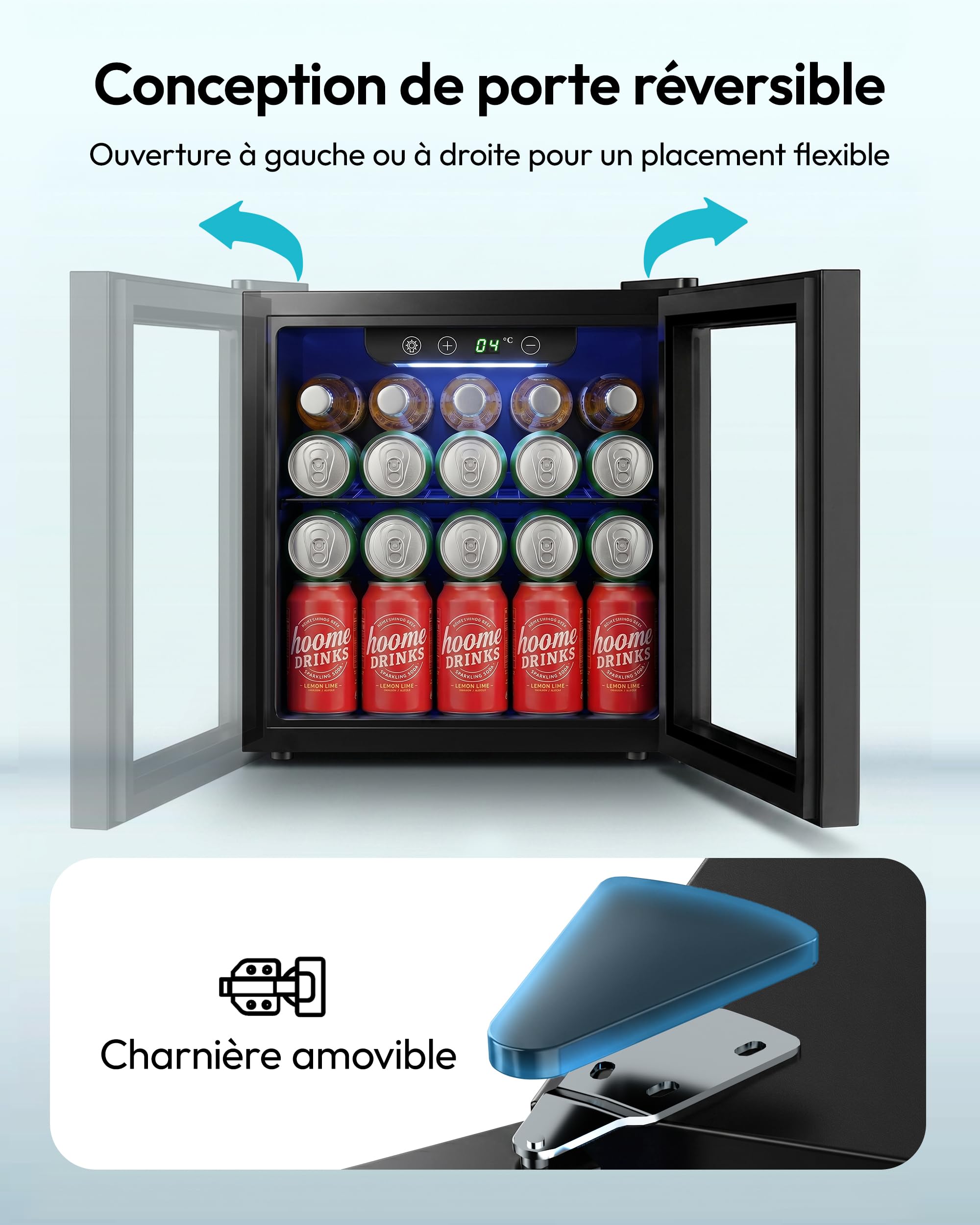 EUHOMY Réfrigérateur à Boissons 55 Canettes 36 L Silencieux 43 dB Porte Vitrée Noir