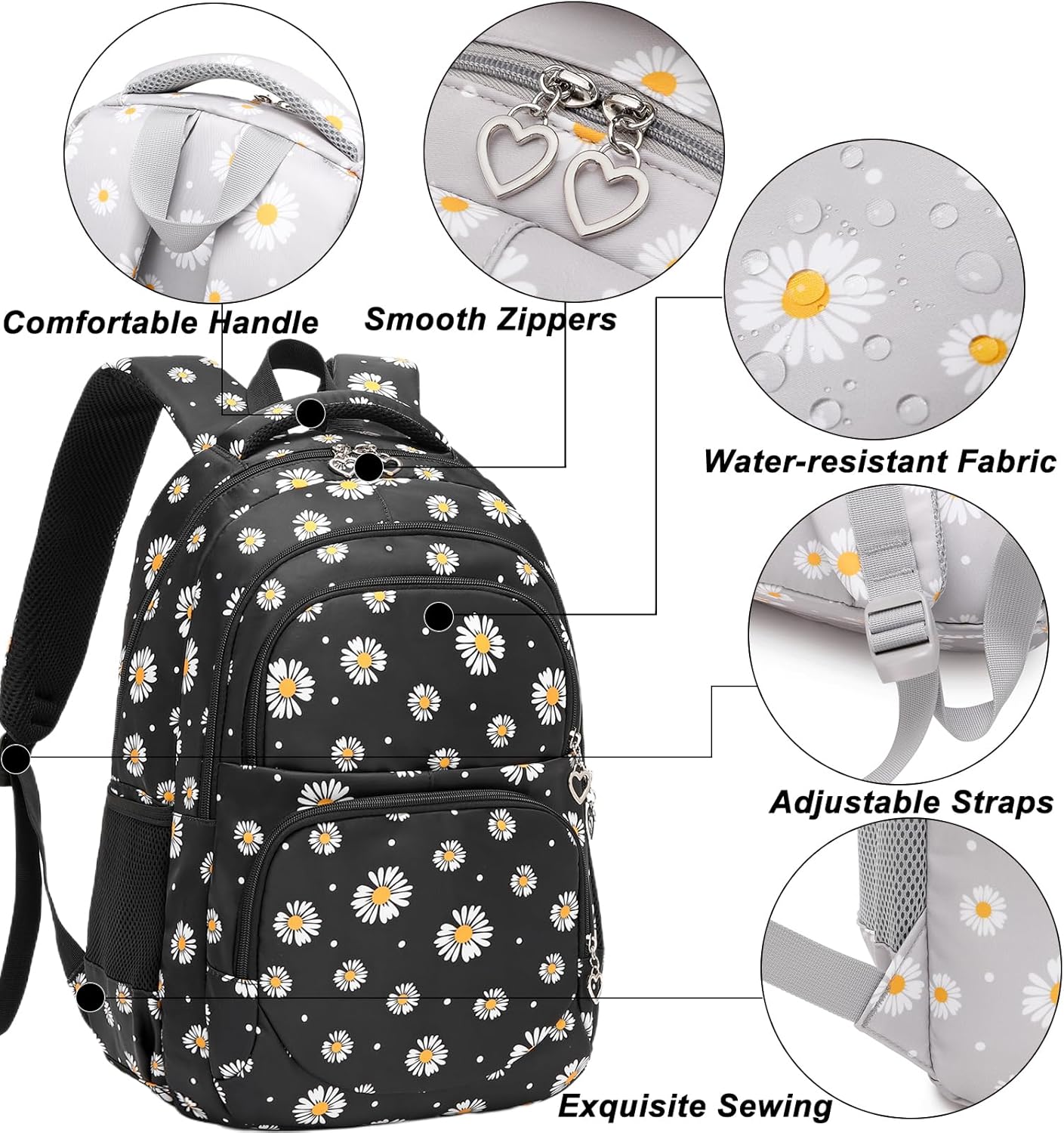 Createy Girls Backpack, Daisy Backpack for Girls School Bags Elementary Bookbags Primary School Backpack Kids Backpack with Lunch Box and Pencil Case - Image 3