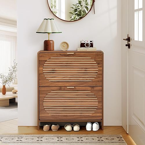 Vista 50 de Armario estrecho de almacenamiento de zapatos con 3 cajones abatibles, armario de madera para zapatos con cajón de puertas de lino, organizador