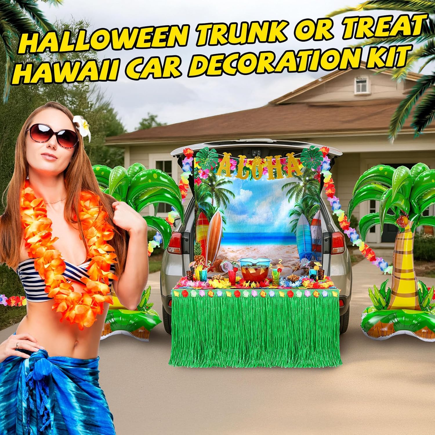 Panelee 6 Pcs Hawaiian Luau Party Decoration, Includes Aloha Backdrop Table Skirt Coconut Palm Balloons Aloha Banner Flower Ribbon Decor for Tropical Summer Beach Birthday Party Supplies(Green)