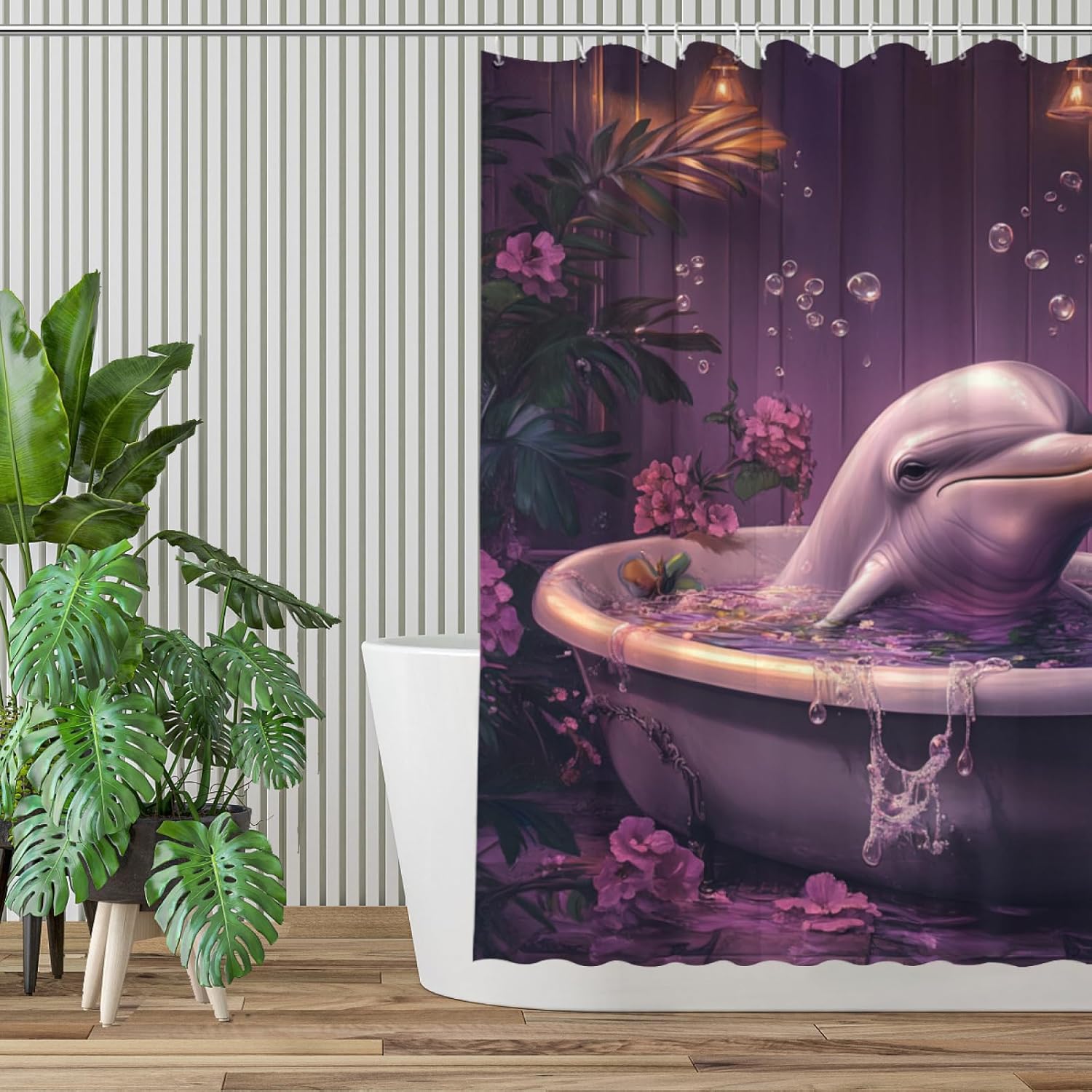 NGZ Funny Dolphins Shower Curtain, SPA Dolphins with Wine, Purple Shower Curtain, 72x72 Inches Floral Shower Curtains for Bathroom, Bath Curtains Set with 12 Hooks