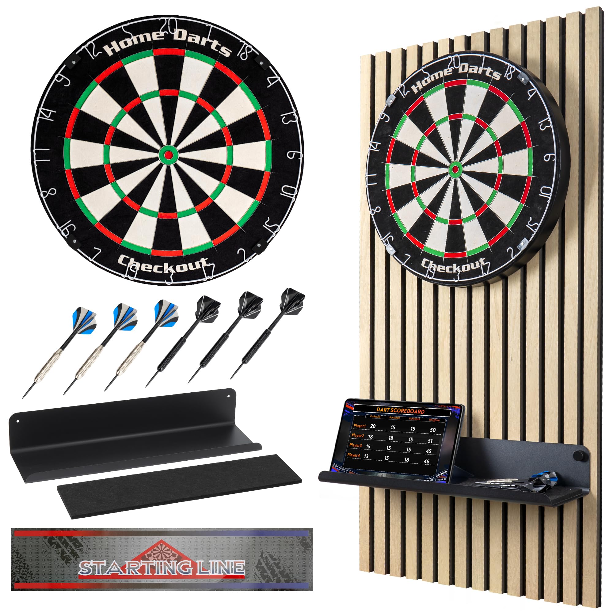 HOME LOVE® Dartscheibe Steeldart mit Dart Wandschutz & Ablage – Premium Sisal Dartboard Set mit 6 Steel-Darts & schalldämmender Rückwand – Steeldartscheibe Geschenk für Dart-Fans