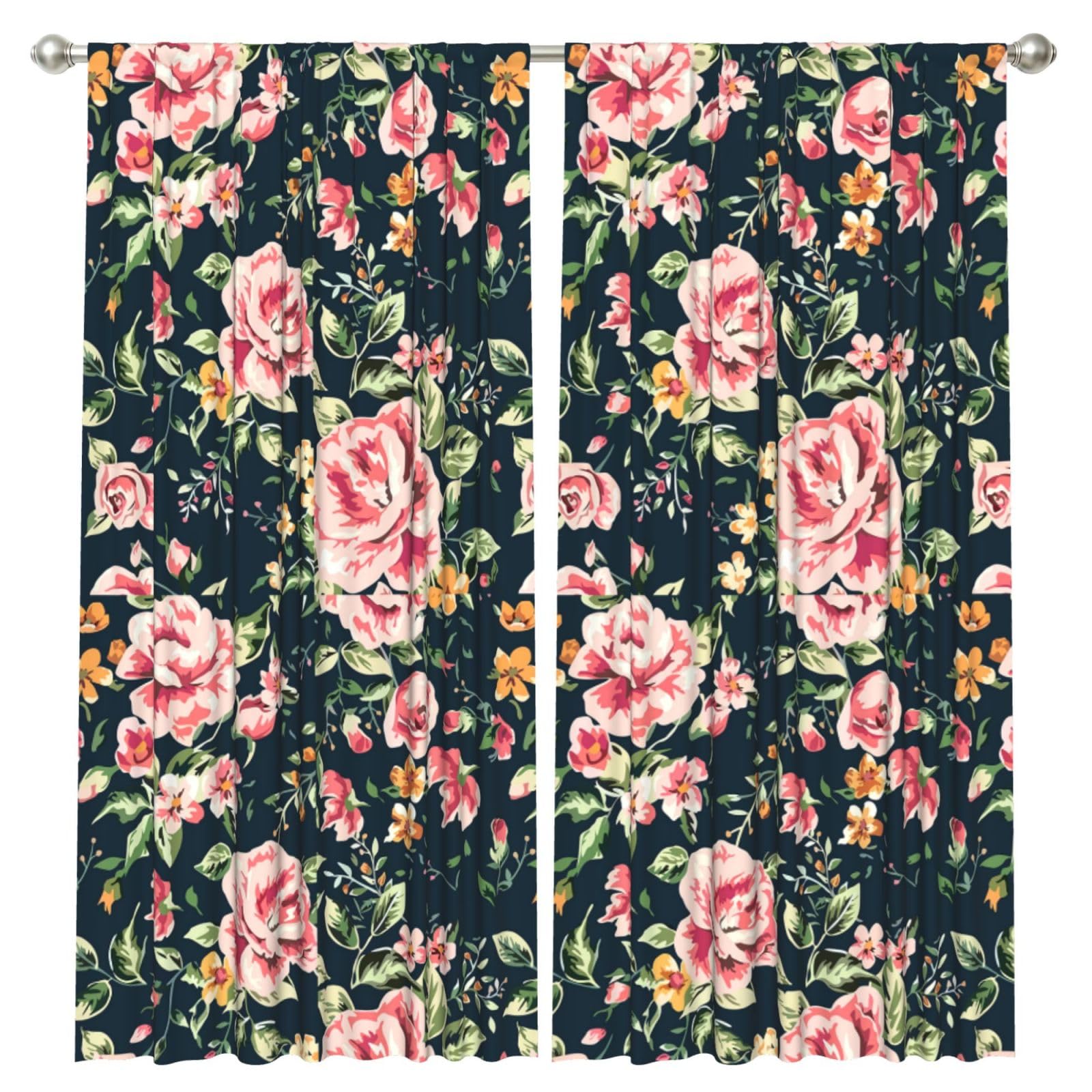 InOmak Pink Roses Peonies Green Leaves, 2 Panels Window Curtains 52 x 84 Inch Blackout Curtains for Living Room Bedroom