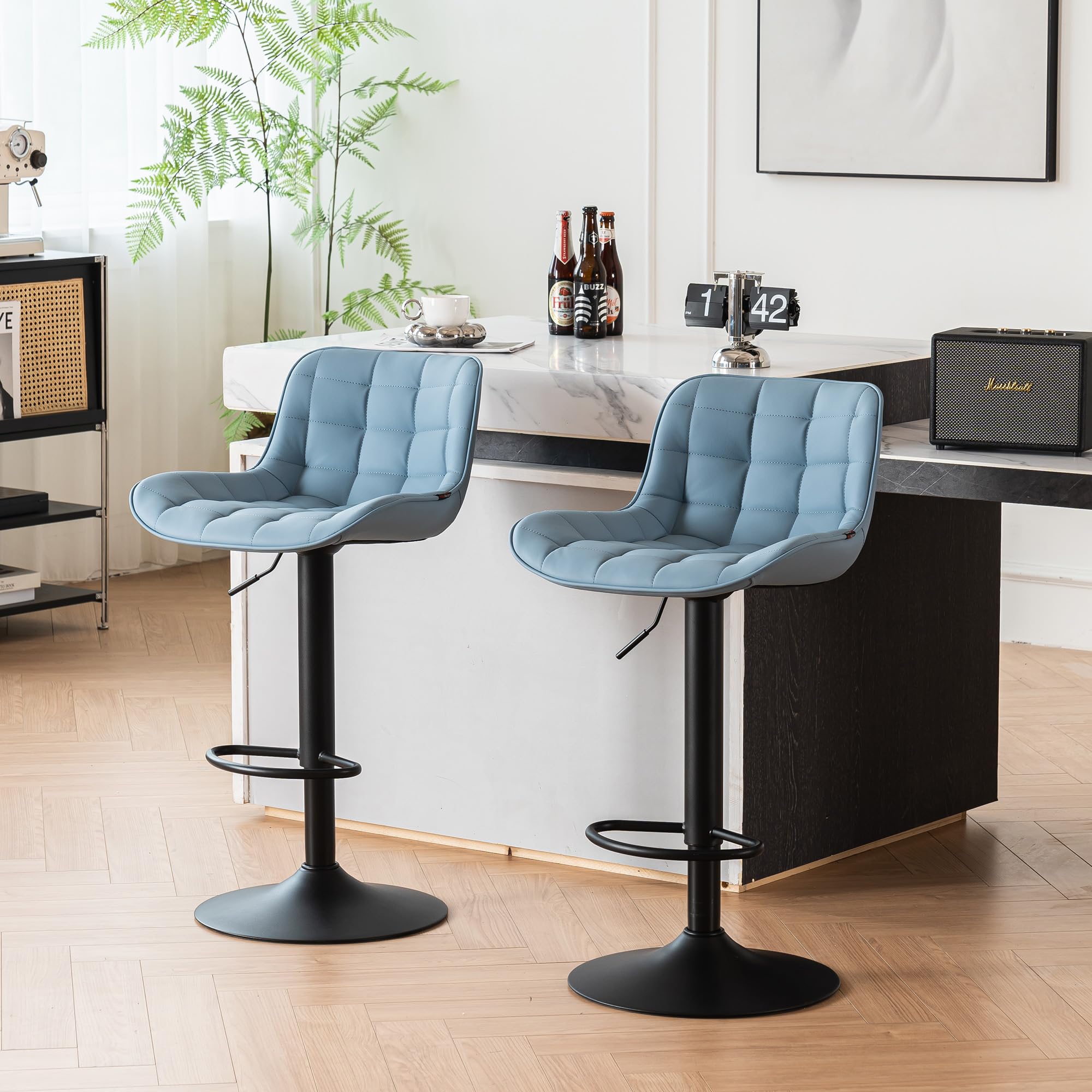 YOUTASTE Blue Bar Stools Set of 2 Counter Height Bar Stool with Back, PU Leather Upholstered Barstools Modern Adjustable Swivel Bar Chairs for Home Kitchen Island