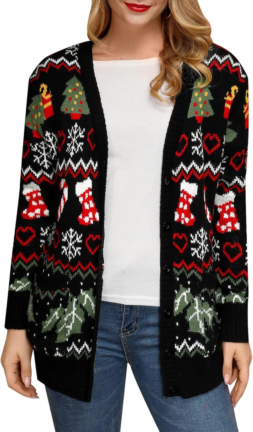 For G and PL Womens Ugly Christmas Sweater Funny Button Down Cardigan with Pockets