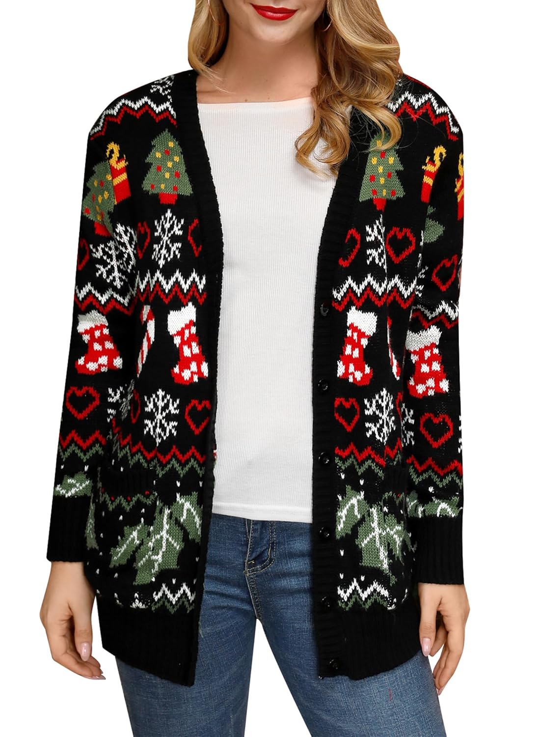 For G and PL Womens Ugly Christmas Sweater Funny Button Down Cardigan with Pockets