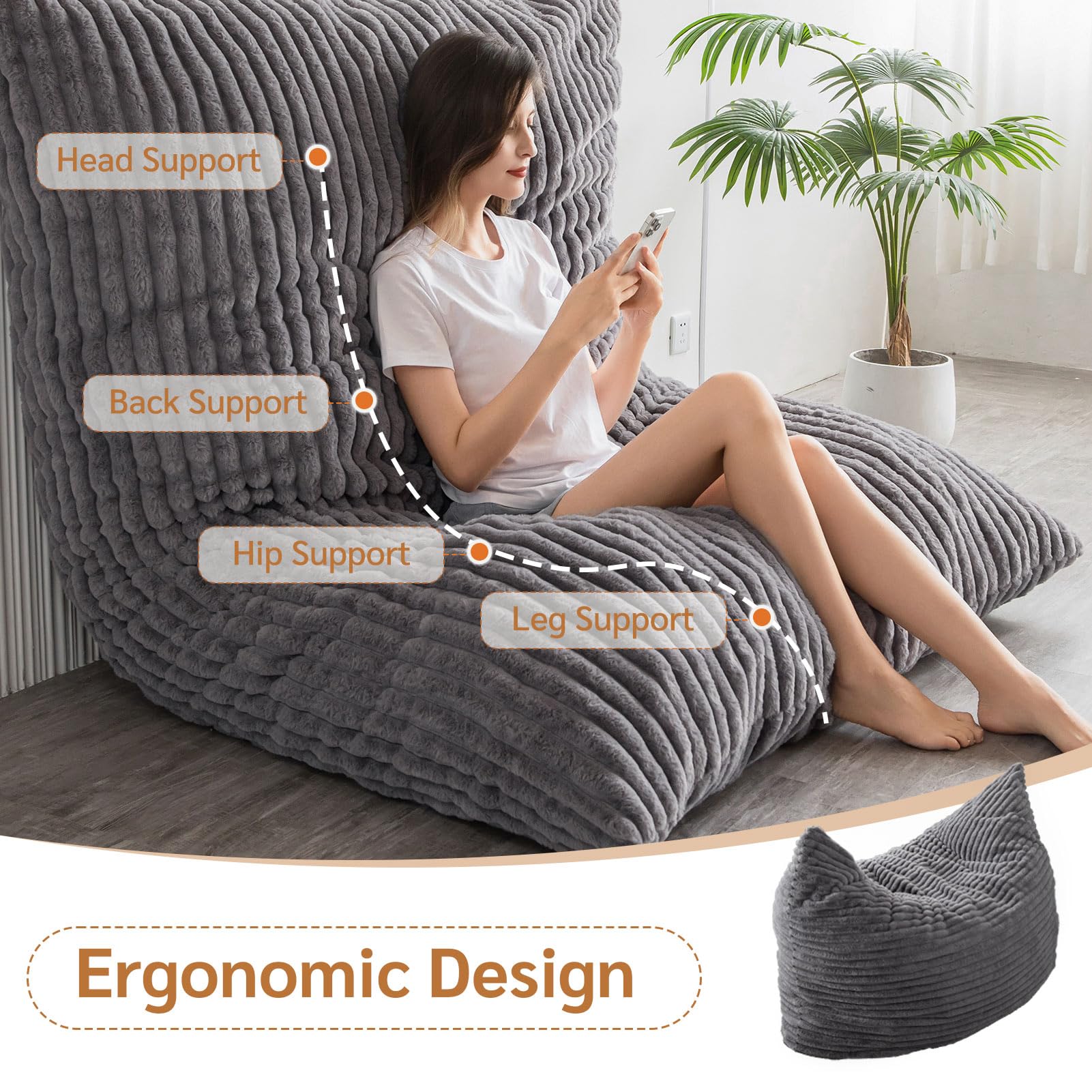 MAXYOYO Riesiges Sitzsack-Bett, quadratischer Sitzsack-Stuhl, großes Sofa mit Kunstfellbezug und Flauschiger Füllung für Erwachsene, Paare, Gäste (3D Streifen-Grau, 135x190 cm)