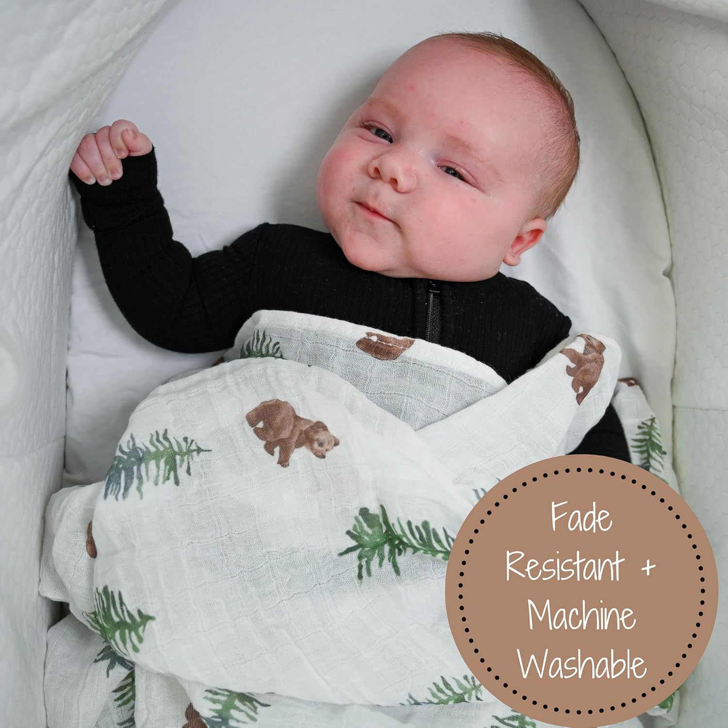 Baby Bear and Pine Tree Cotton Muslin Swaddle Blanket, 47" x 47"