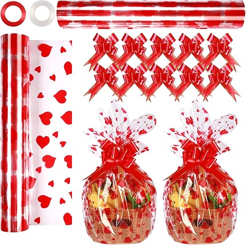 Rollo de celofán para el día de San Valentín, 100 pies de largo x 32 pulgadas de ancho con diseño de corazones rojos de 2.3 mil para envolver