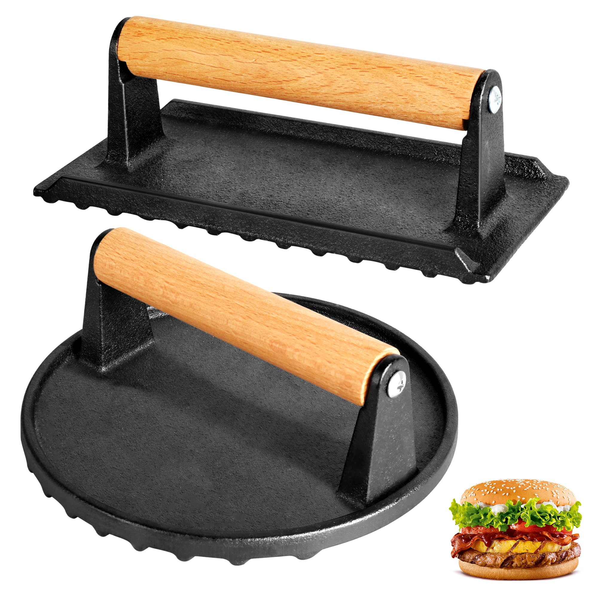 Alyoen Lot de 2 presses à hamburger en fonte, presse à hamburger avec antiadhésif, ronde et rectangulaire, grande presse à hamburger de 1 kg, pour presser des steaks, des hamburgers, du bacon, des
