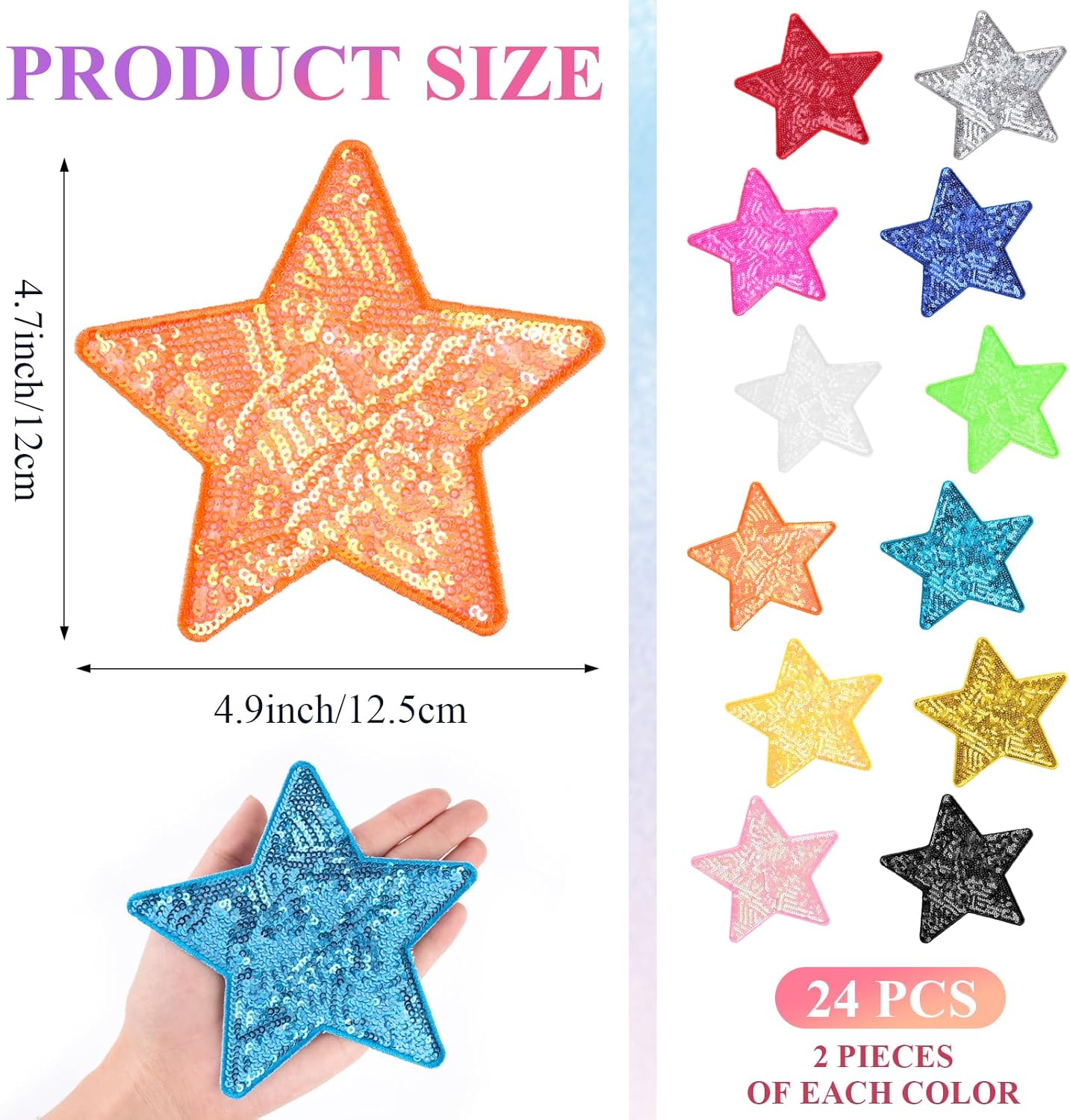 5 Inch Sequin Star Iron on Patches, 24 Pcs Glitter Stars Patches Embroidery Sequin Patches for Clothing, Jacket, Backpacks, Costume Decorations (12 Colors)