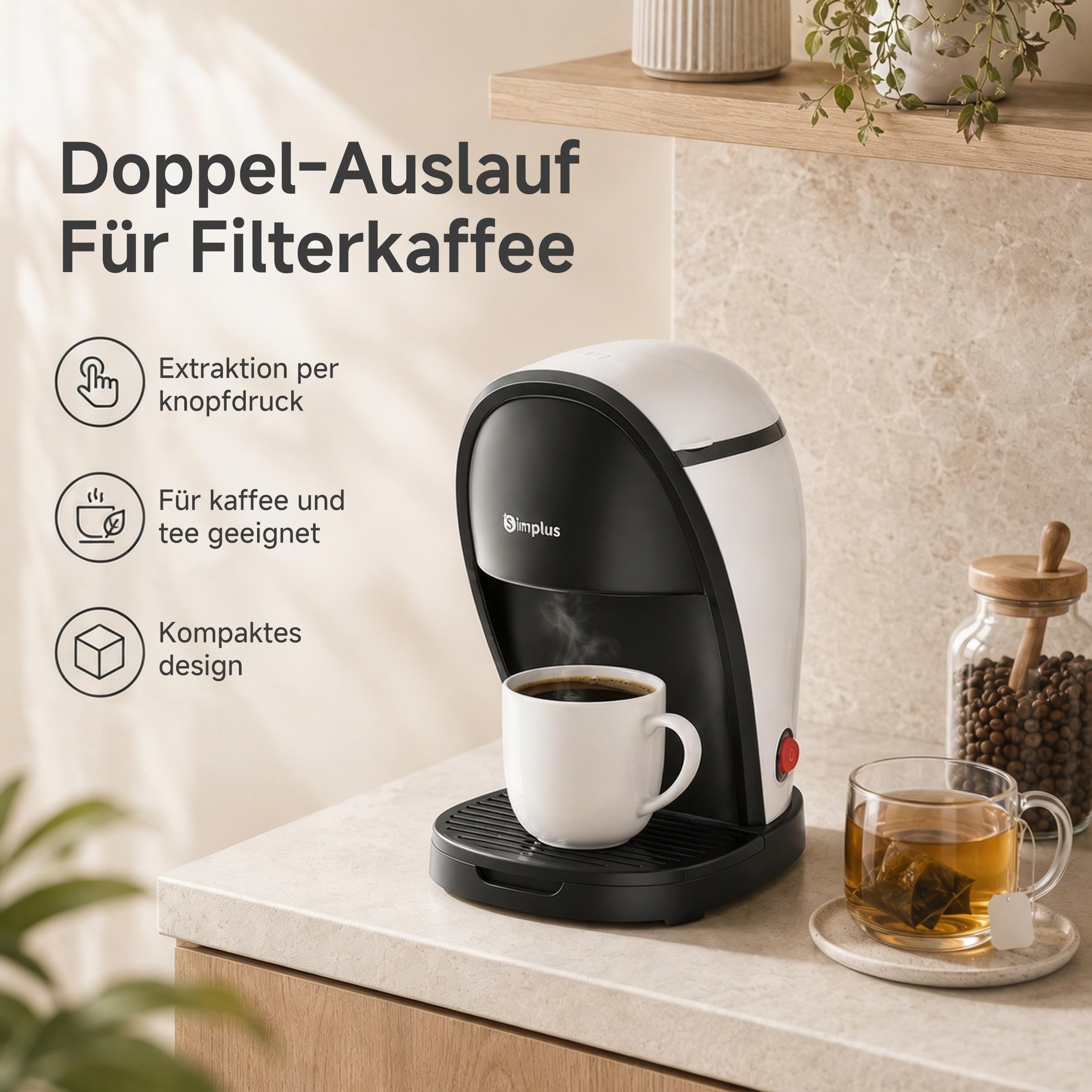 SIMPLUS Mini Filterkaffeemaschine für 2 Tassen, Kleine Kaffeemaschine mit Dauerfilter, 250ml Wassertank, 4-Minuten Brühzeit, Ein-Knopf Bedienung, Kompakte Kaffeemaschine für Büro, Küche