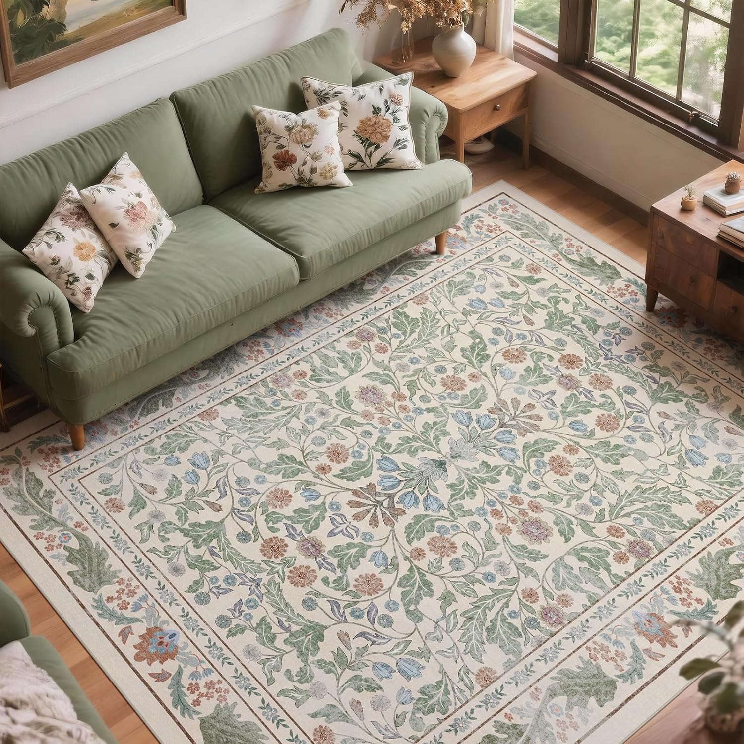 Beige Floral 8x10 Area Rugs for Living Room Large Washable Rug Vintage Forest Low Pile Non Slip Stain Resistance Soft Carpet for Dining Room, Bedroom, Office Rug, Kids Room, Nursery Room, Playroom