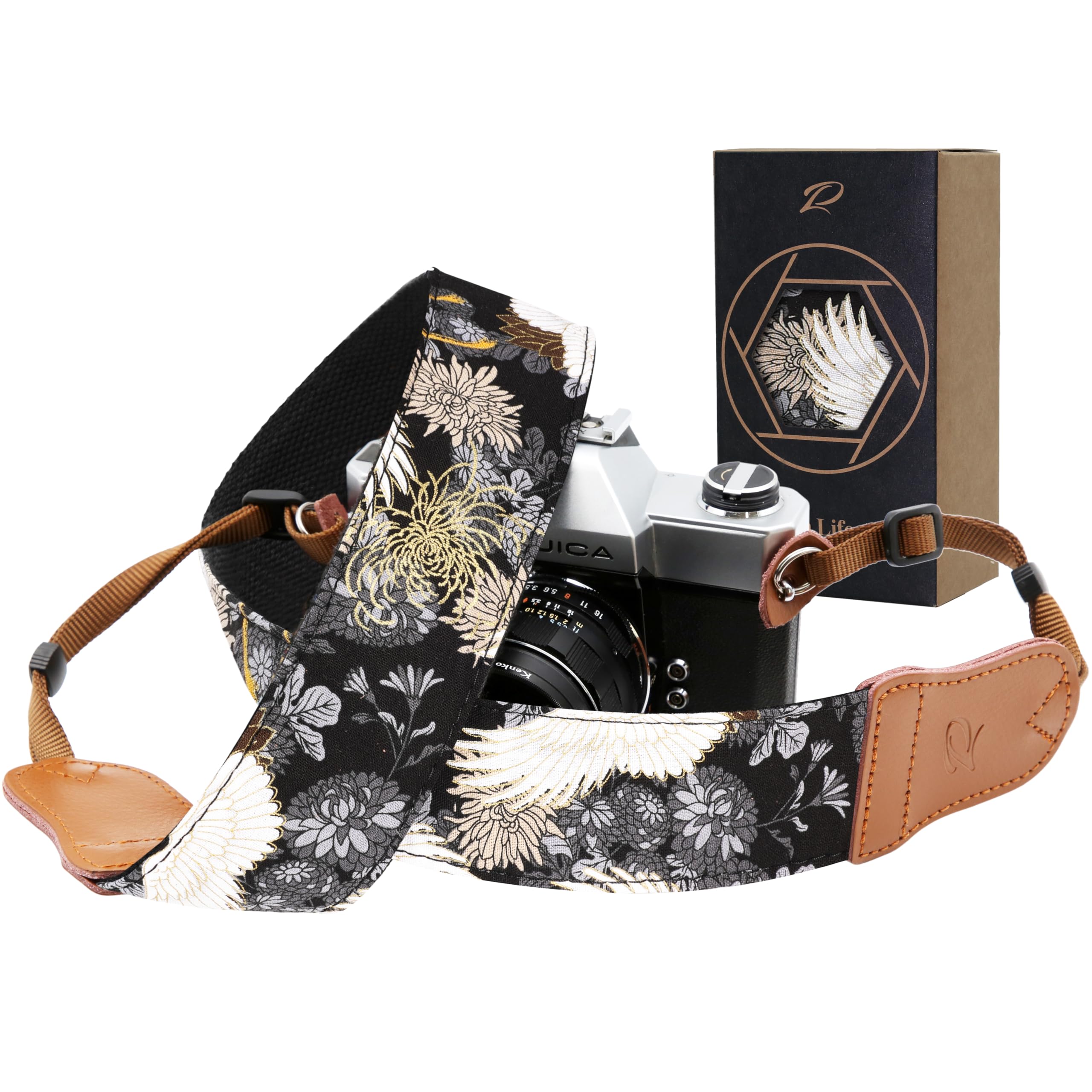 Padwa Lifestyle Camera Strap - 2" Cowhide Leather Head Cotton Camera Straps for Photographers,Vintage Japanese Art Print Adjustable Neck &amp; Shoulder Strap for ALL DSLR/SLR Cameras(Grey Crane)