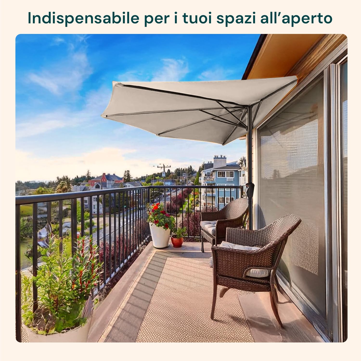 Avilia Ombrellone da Giardino a Mezzaluna 2,7x2,3m Tortora con Manovella e Soffietto Antivento – Ombrellone da Parete in Alluminio con Telo in Poliestere per Esterni