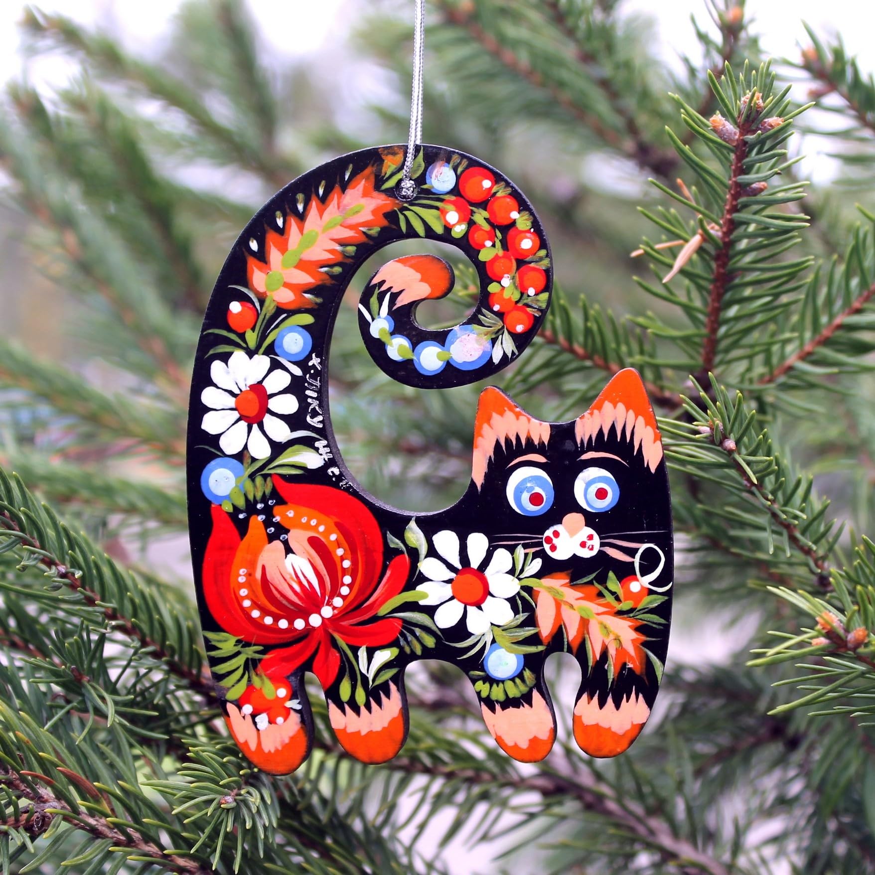 Katze Weihnachtlicher Baumschmuck aus Holz Beidseitig Handbemalt 8.5 х 7 х 0.5 cm Ukrainische Petrykiwka Malerei Kunsthandwerk Besonderer Weihnachtsschmuck Tiere Anhänger Küche, Haushalt & Wohnen