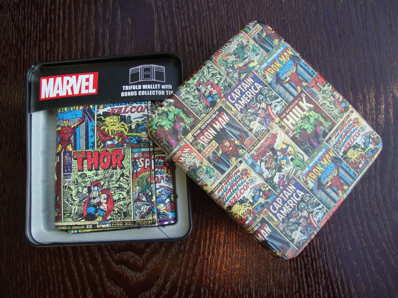 Marvel Comics Trifold Wallet Vintage Comic Art Stamped! W/ Metal Tin Case Box Captain America,Thor And Iron Man