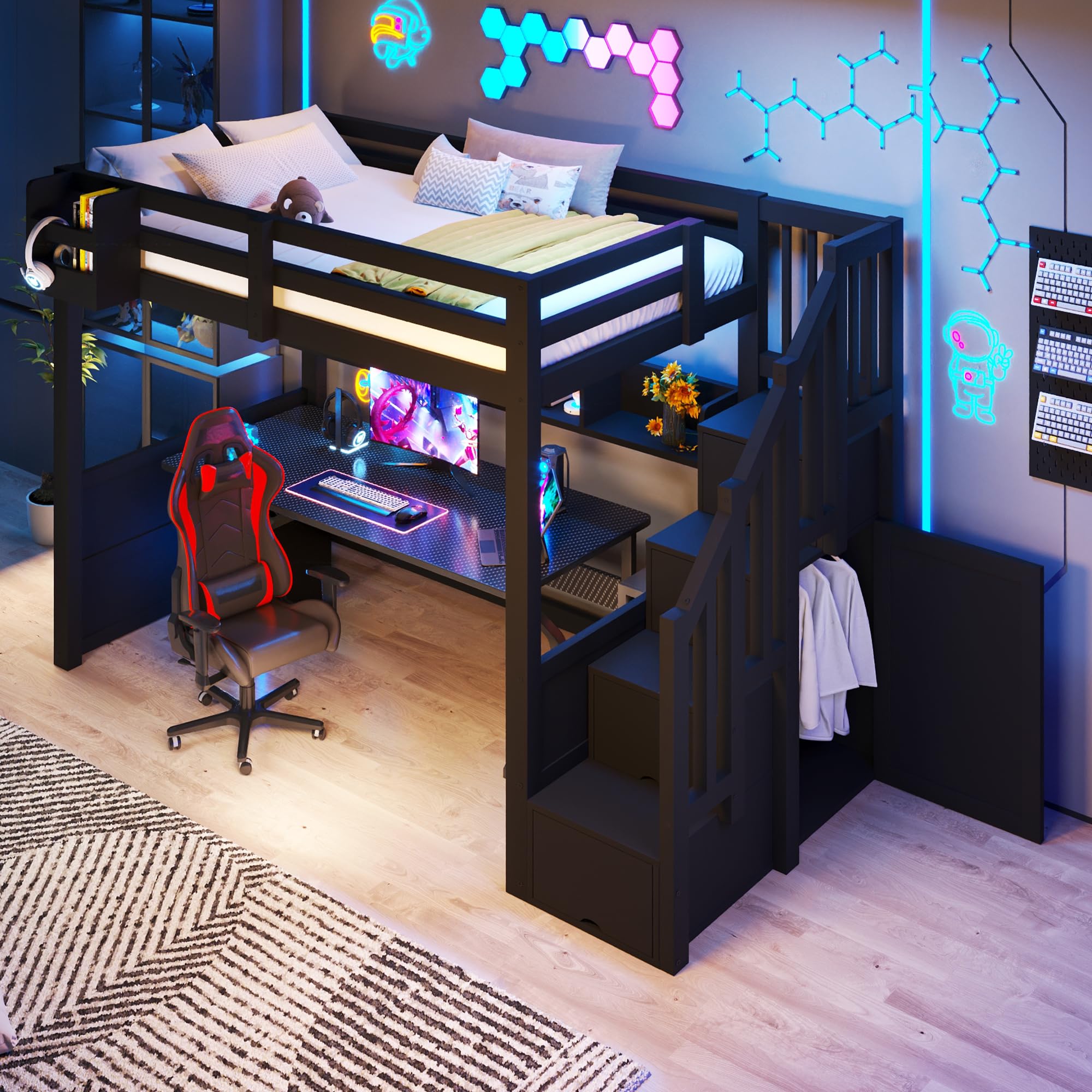Zepneiy Letto Mezzanine in Legno 90x200 cm con Illuminazione a LED, Letto Mezzanine Singolo con Armadi, Spazio di Archiviazione e Scala di Archiviazione, Letto con Rete a Doghe, Nero (Materasso Non