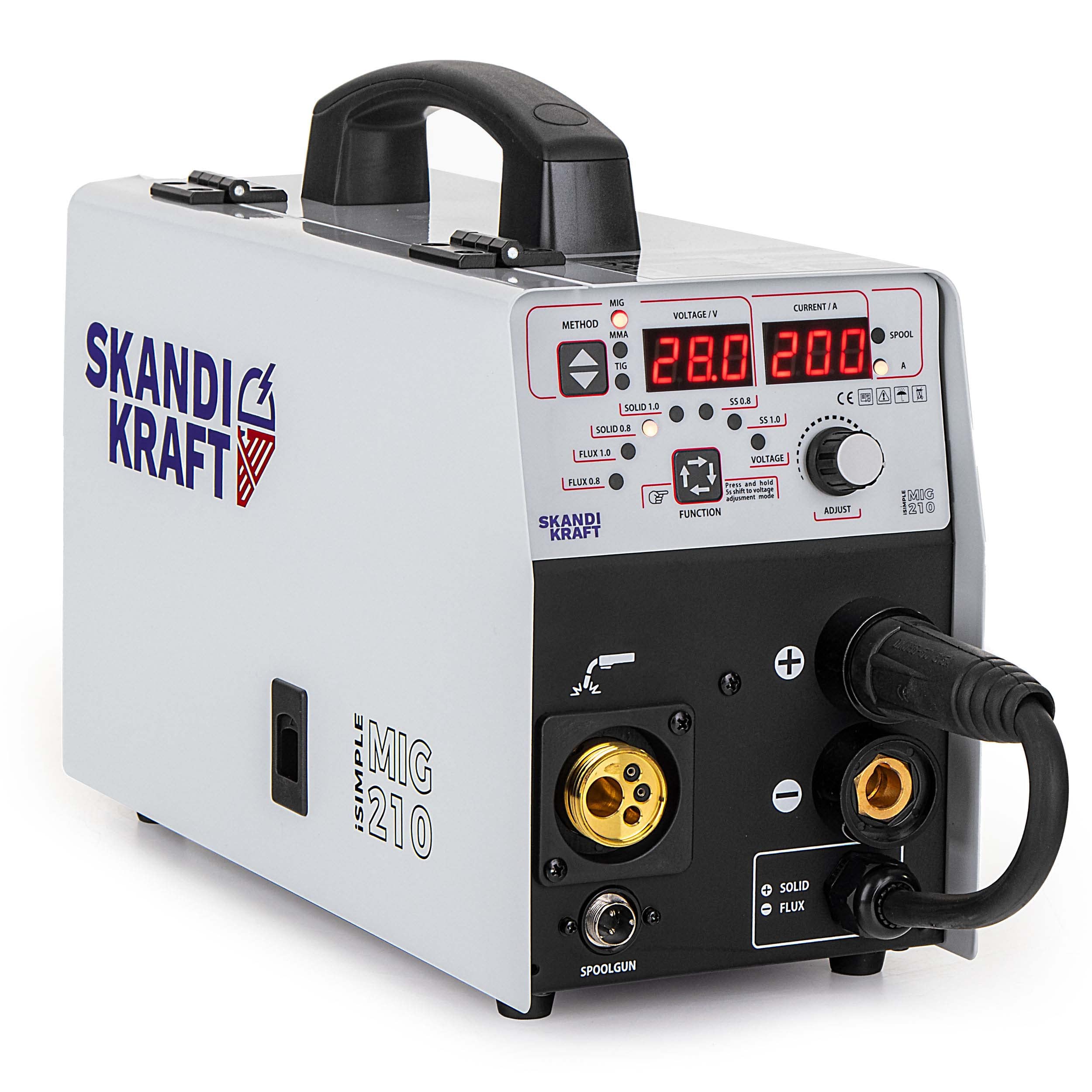 SKANDI KRAFT iSIMPLE MIG 210 - Kit completo con botella de gas de 8 l y casco - Estación de soldadura de gas de protección 4 en 1 MIG MAG 200 A 230 V - Soldador de alambre de llenado sin gas, TIG MMA