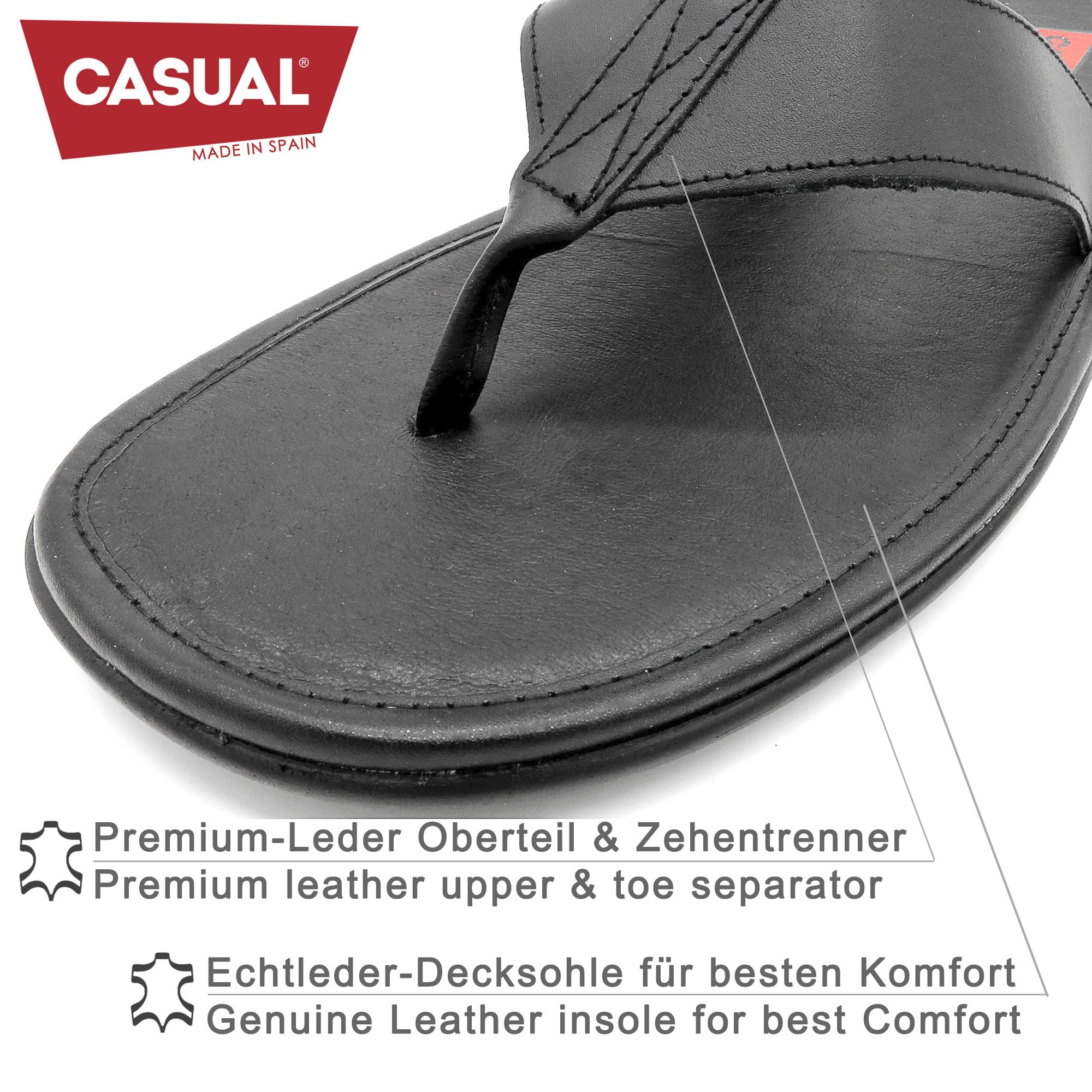 CASUAL Herren Leder Zehentrenner Premium Sommer Flip Flops Sandalen aus Echtleder mit Lederdecksohle