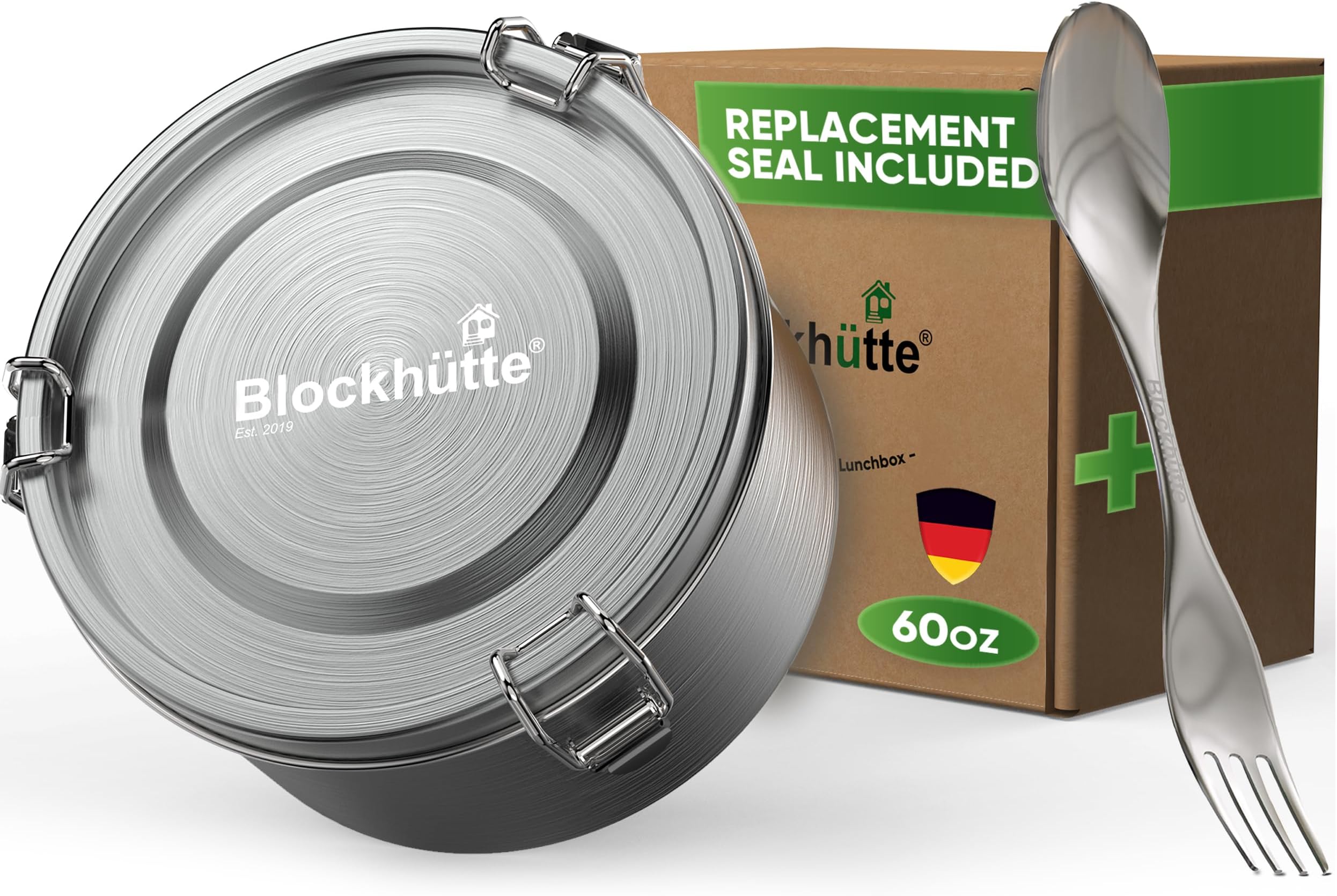 BlockhütteStainless Steel Salad Container for Lunch 60oz, Leakproof Metal Food Storage Containers with Lids, Stainless Steel Lunch Box for Adults with Spork, Bento Box Metal BPA Free