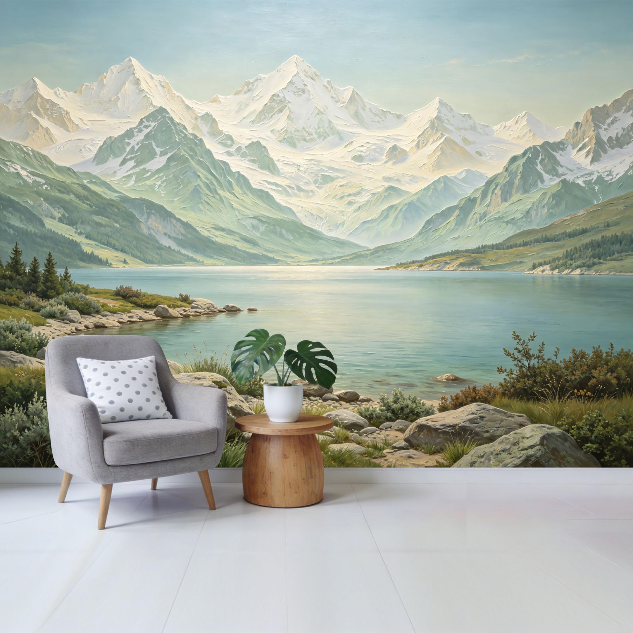 Custom Size Wall Mural Majestic Snowy Mountain Lake Landscape Oil Painting Style SelfAdhesive Wall Fabric Removable Wallpaper for Home Office Decor