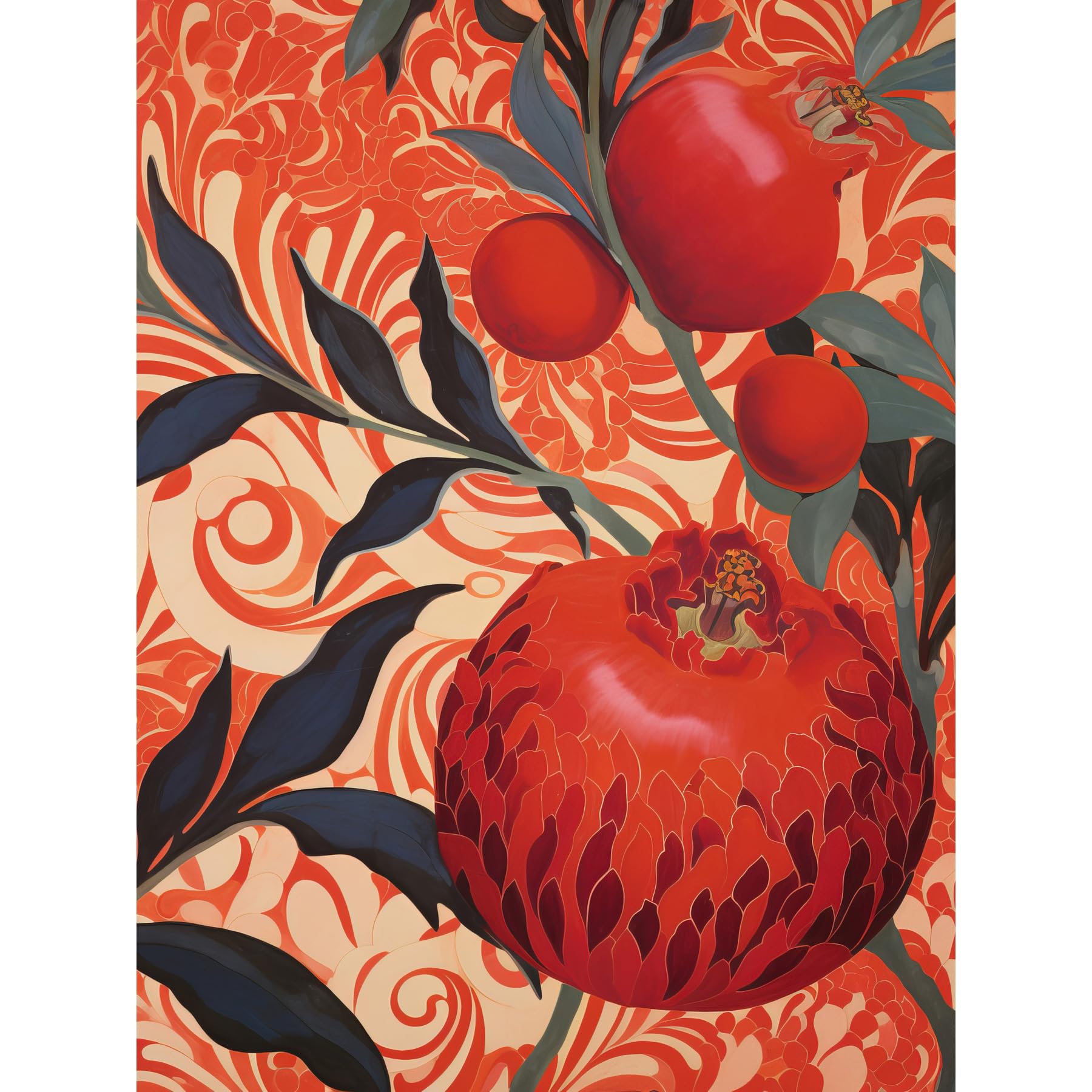 Artery8 Pomegranate Tree Grove Red and Blue Artwork Floral Patterns Large Wall Art Poster Print Thick Paper 18X24 Inch