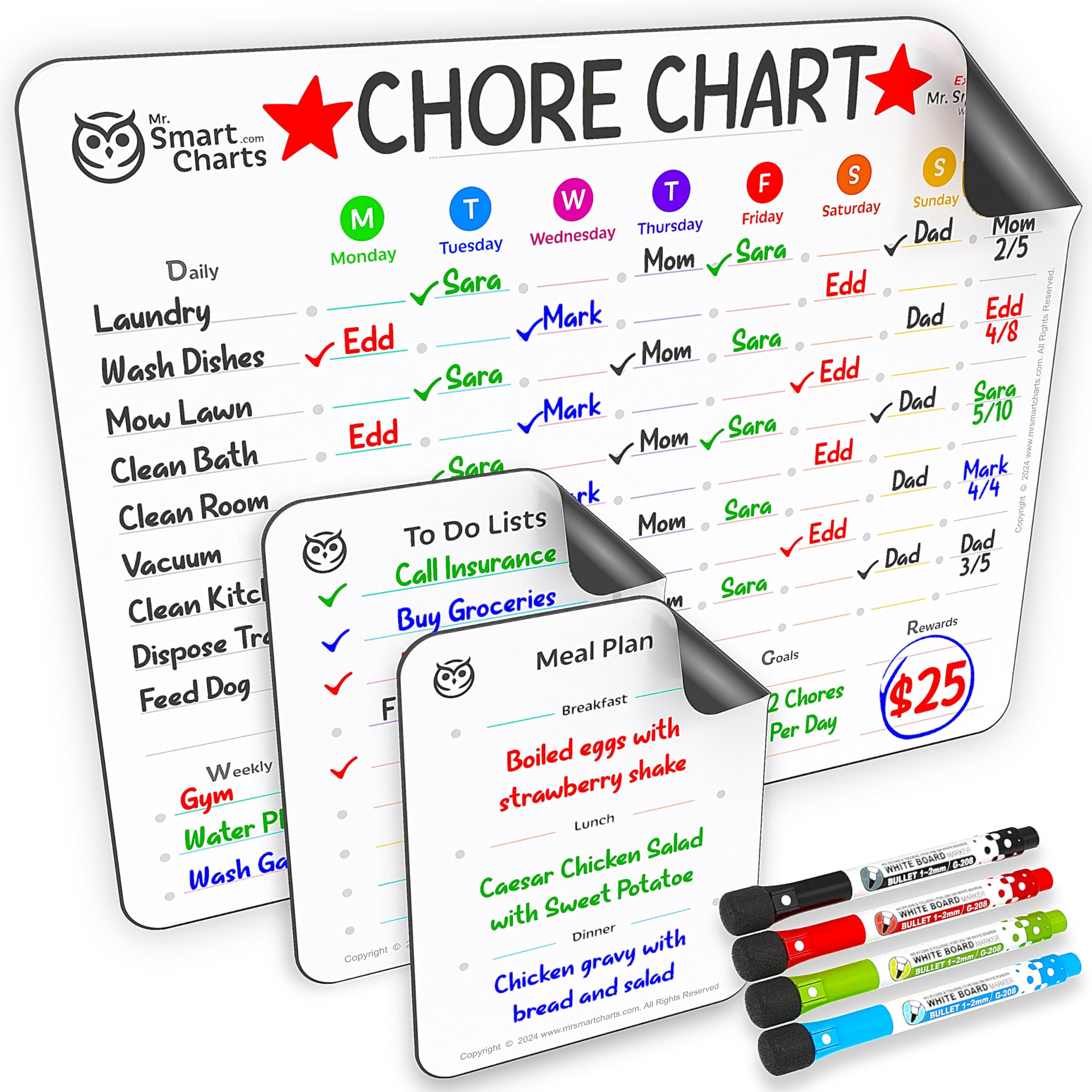 Magnetic Chore Chart for Kids Multiple Kids Family Teens Adults 14.5"x11.5" Responsibility Chart Daily Routine Dry Erase White Board Weekly Planner with to Do List + Meal Planner 7.5"x 5" + 4 Markers