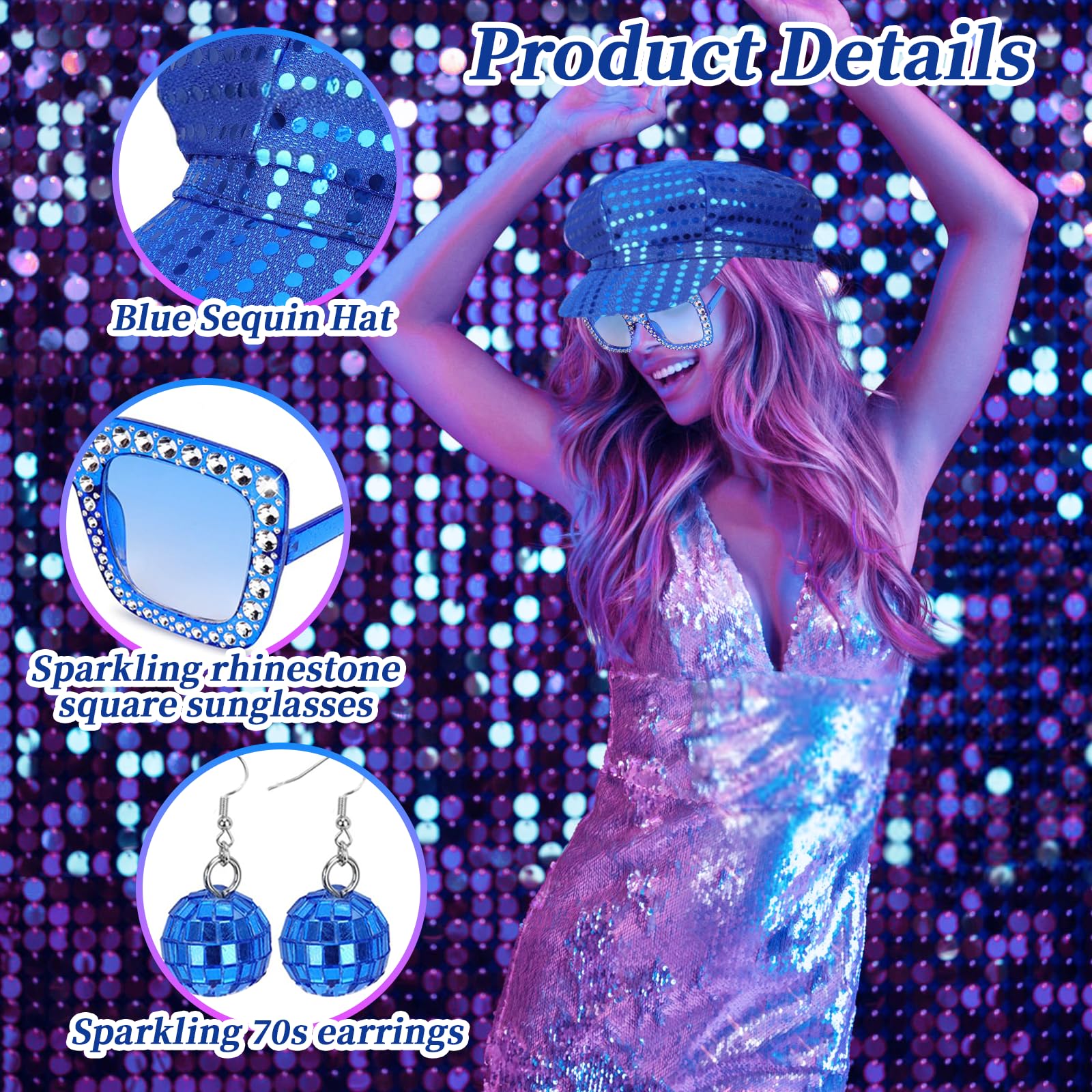 Xerteam 6Pcs 70s Disco Accessories, 70s Fancy Dress Women Accessories, Sequin Hat Frame Bling Sunglasses Earrings Leg Warmers - Image 4