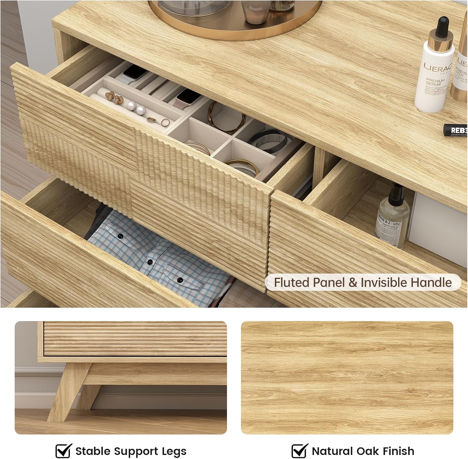 Hadulcet Wood Dressers for Bedroom 47” Wide, Large 8 Drawer Dresser TV Stand, Modern Chest of Drawers for Closet Clothes Storage Organizer with Fluted Panel, No Handles Design, Natural Oak