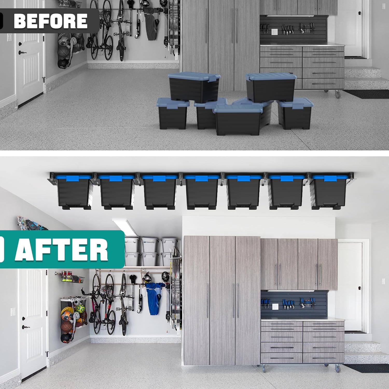 EVERHANGER Ceiling Storage Rack, Heavy Duty Overhead Storage Rack for Garage, Adjustable Ceiling Bin Storage System, 8 Sets for 7 Bins, 16 Inch