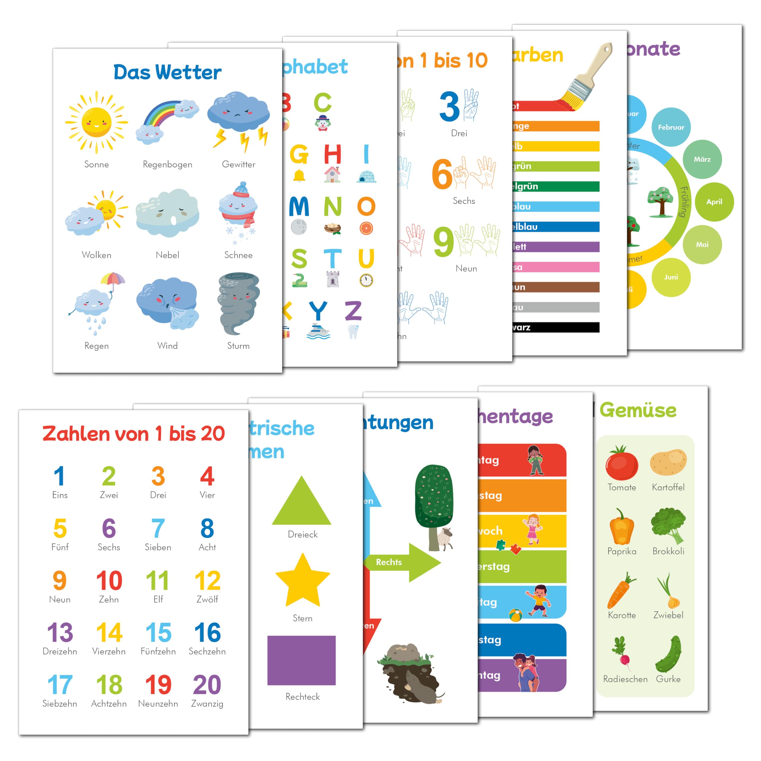 Primus Print - Póster educativo para preescolar, juego de 10 unidades, A2, material educativo educativo, póster para niños, colores, números, alfabeto, formas y más, ayuda educativa para la habitación