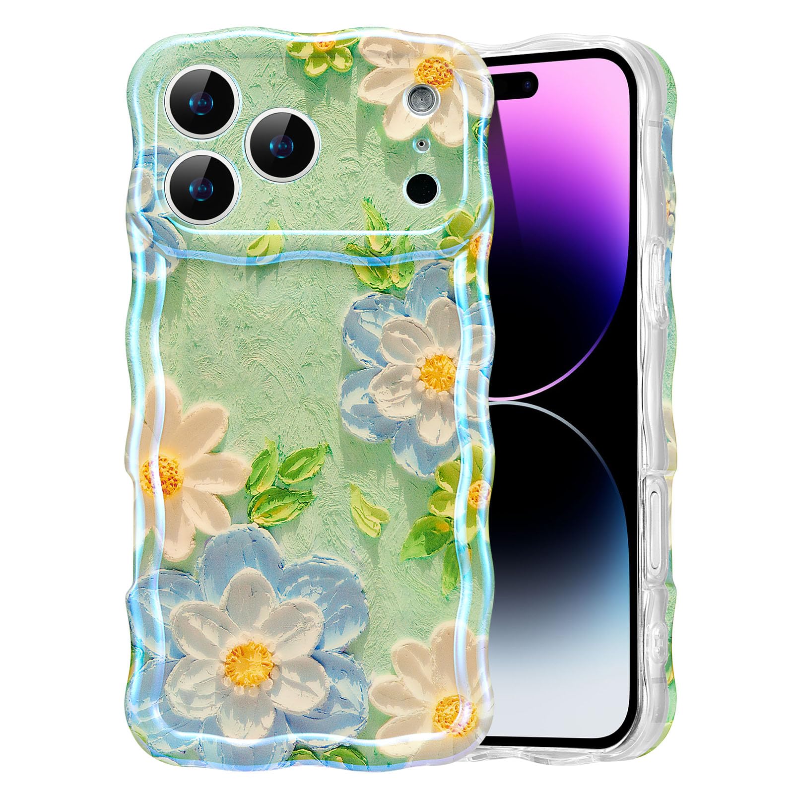 EYZUTAK Case for iPhone 15, Colorful Retro Oil Painting Flower Laser Beam Glossy Pattern Cute Curly Waves Border Exquisite Phone Cover Stylish Durable Soft TPU Protective Case for Girls Women - Green — view 109
