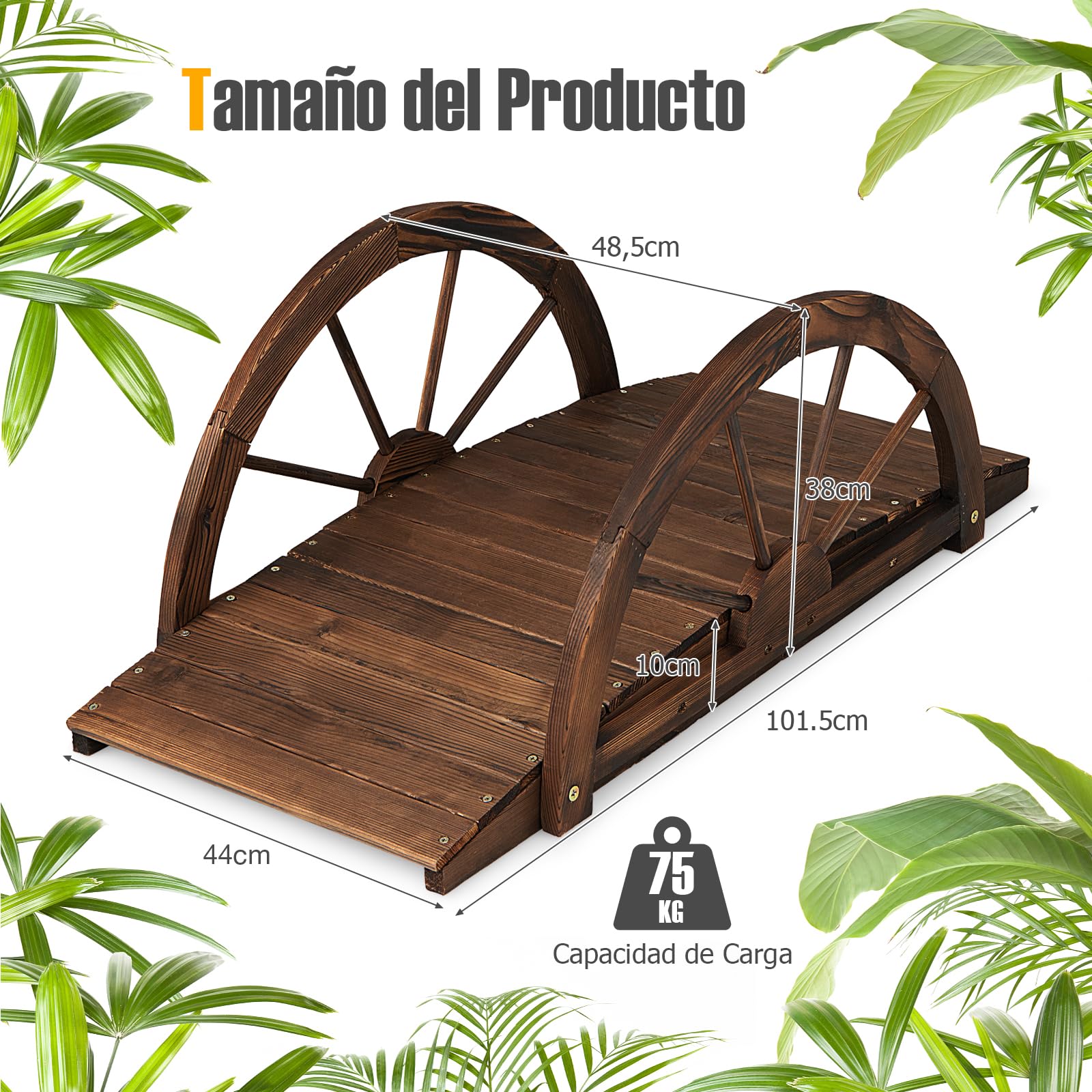 GOPLUS Puente de Jardín de Madera Abeto de 100 cm, Puente de Arco con Barandillas de Seguridad en Forma de Rueda, Puente Decorativo para Estanque Patio Jardin Arroyo Granja, 101,5 x 48,5 x 38 cm